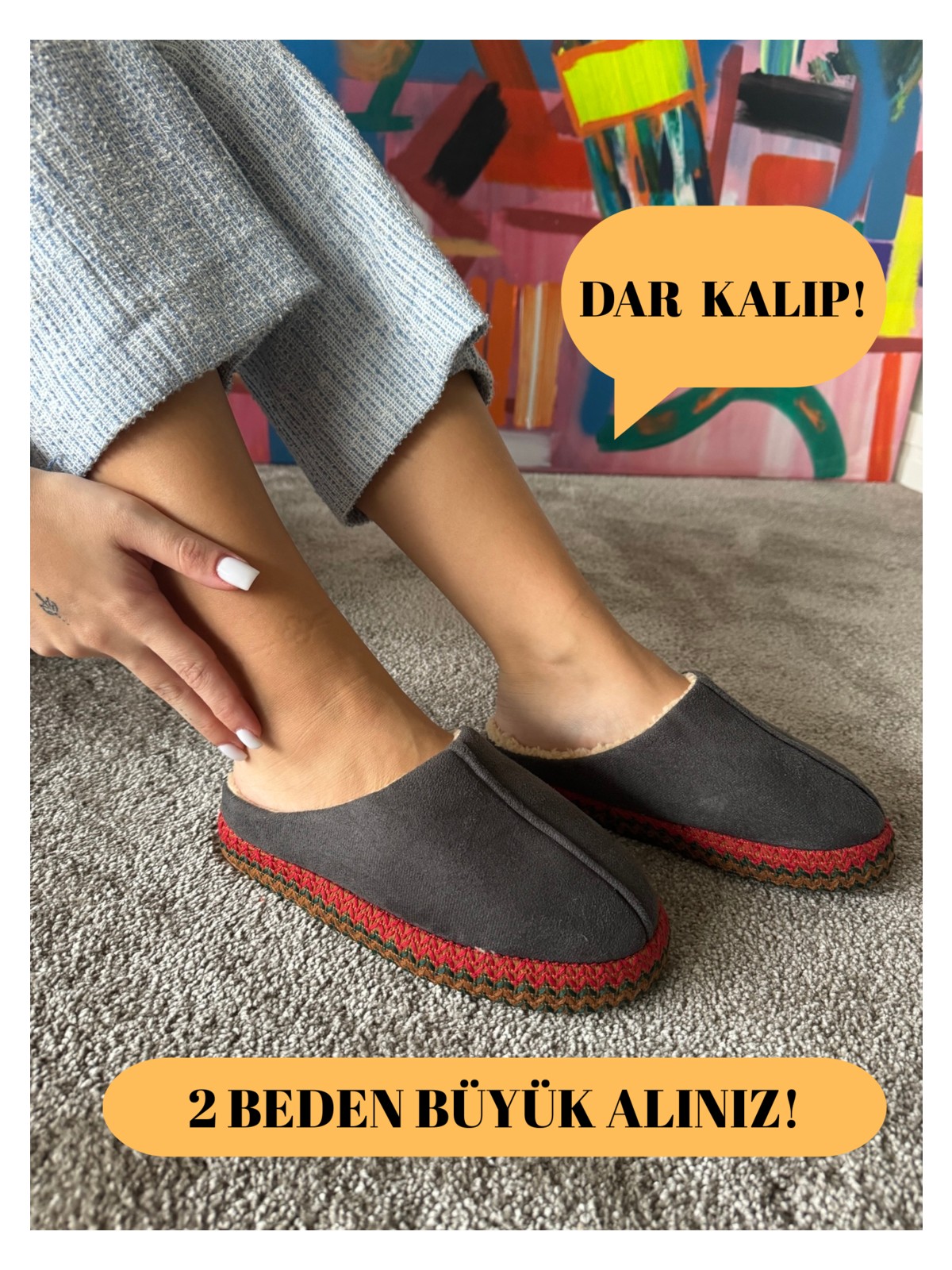 Aksulu Kadın Yumuşak ve Hafif Örgü Desenli Içi Yünlü Peluş Ev Terliği - Görsel 5