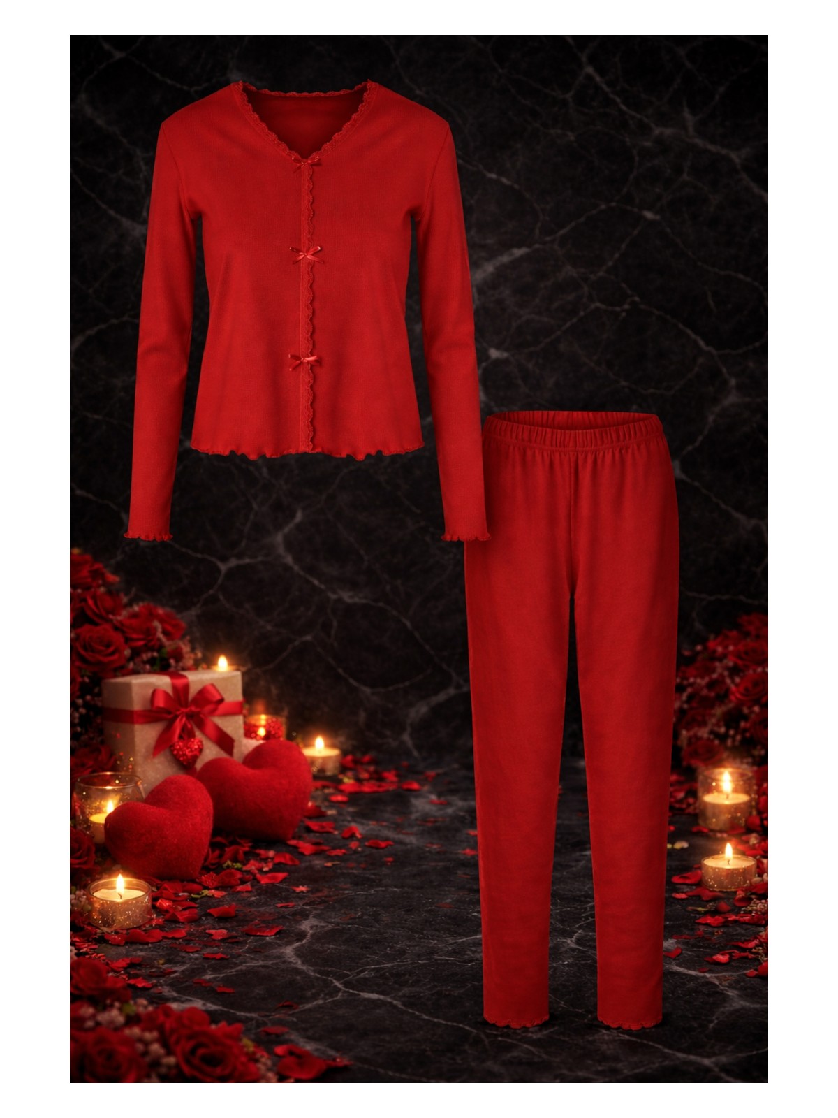 Koza İç Giyim Kadın Pamuklu Dantel ve Kurdele/Fiyonk Detaylı Kaşkorse Renkli Pijama Takımı