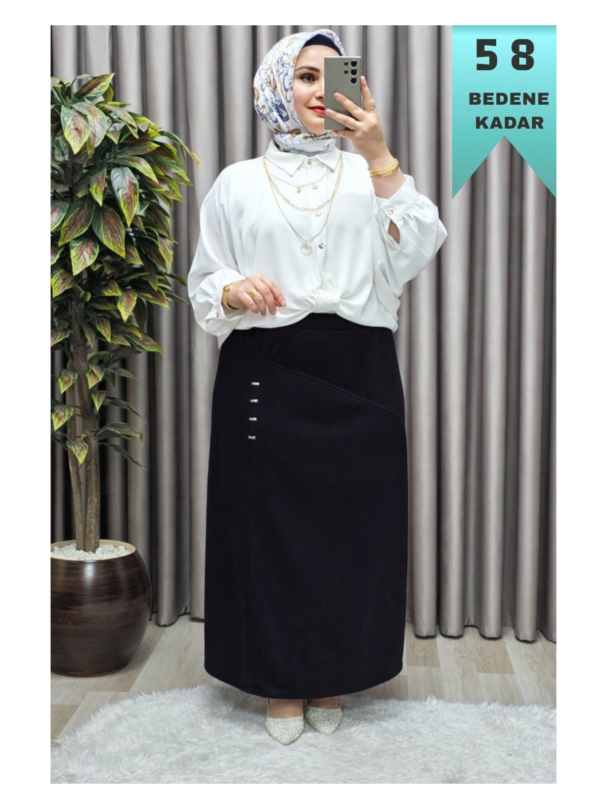 Elmas Tesettür Kadın Tesettür Büyük Beden Metal Taşlı Etek