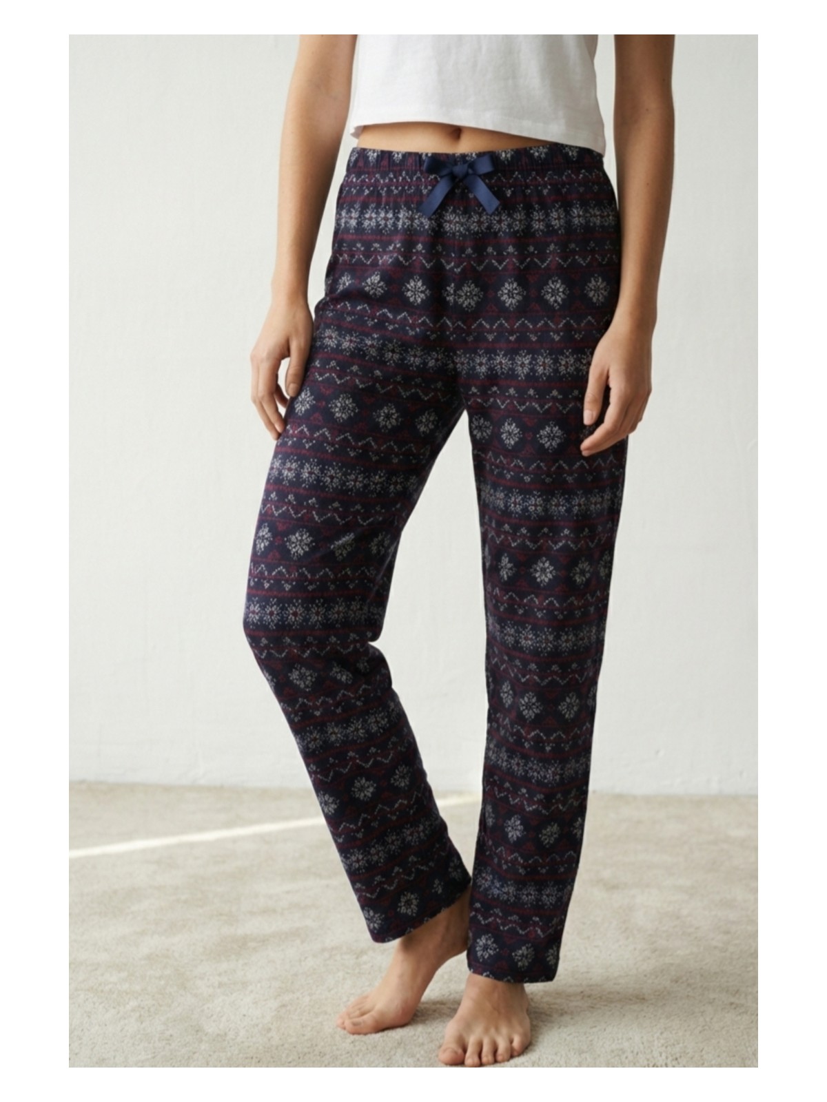 elemge Kadın Beyaz Pijama Altı Pamuk Elastan Fil Desenli Rahat Kalıp Kurdeleli Esnek Yumuşak Dokulu Cepsiz - Görsel 5