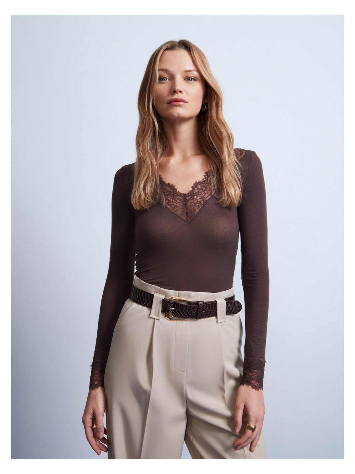 Dilvin 32311 Dantelli Kaşmir Bluz-Kahve - Görsel 2