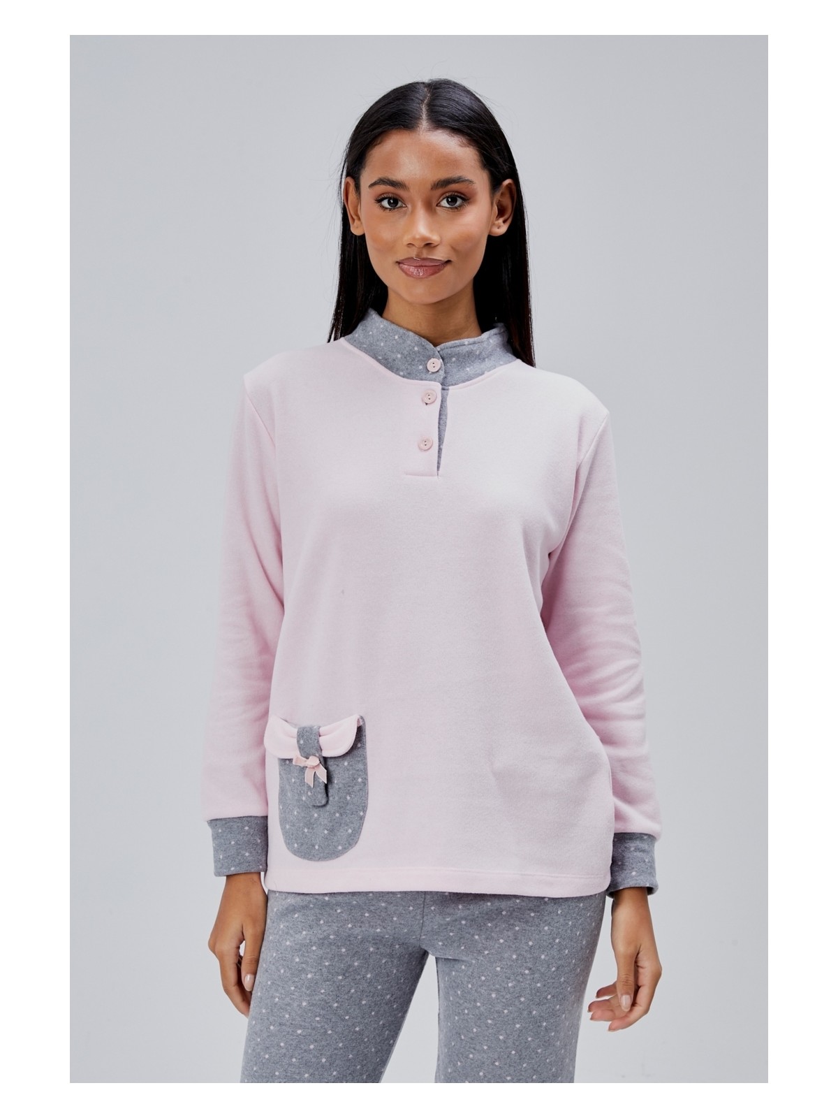 Moon Cover Mooncover Kadın Cep Detaylı Yarım Pat Düğmeli Kışlık Pijama Takımı – Pembe & Gri