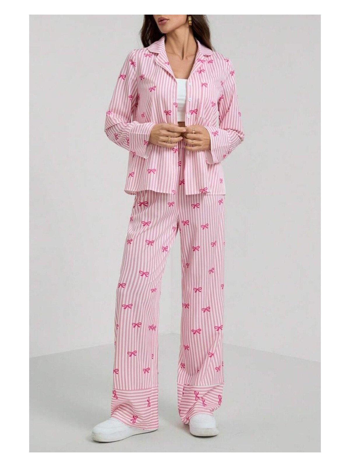 Bella Notte Pembe Fiyonk Baskılı Çizgili Pijama Takımı