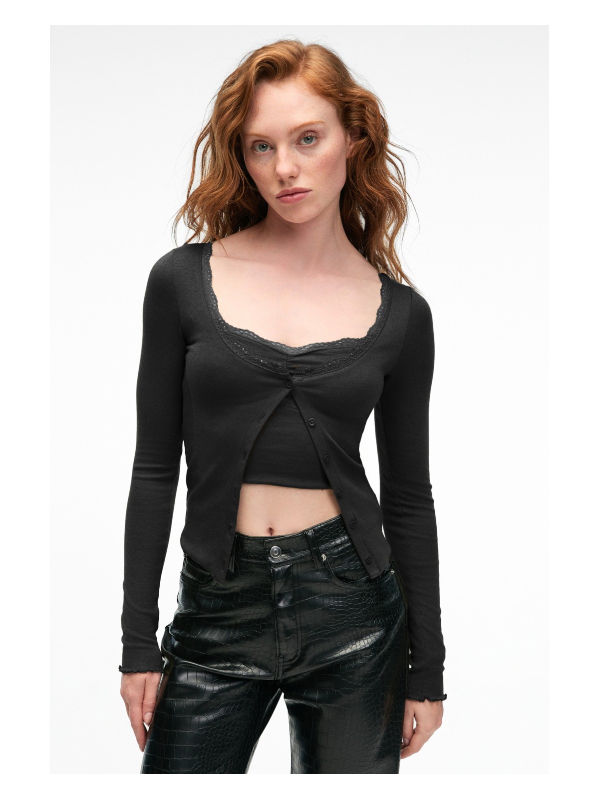 Grimelange ELVURA Kadın Esnek Kumaşlı Yakası Dantel Detaylı Düğmeli Bluz Ve Atlet İkili Takım Sarı Bluz - Görsel 5