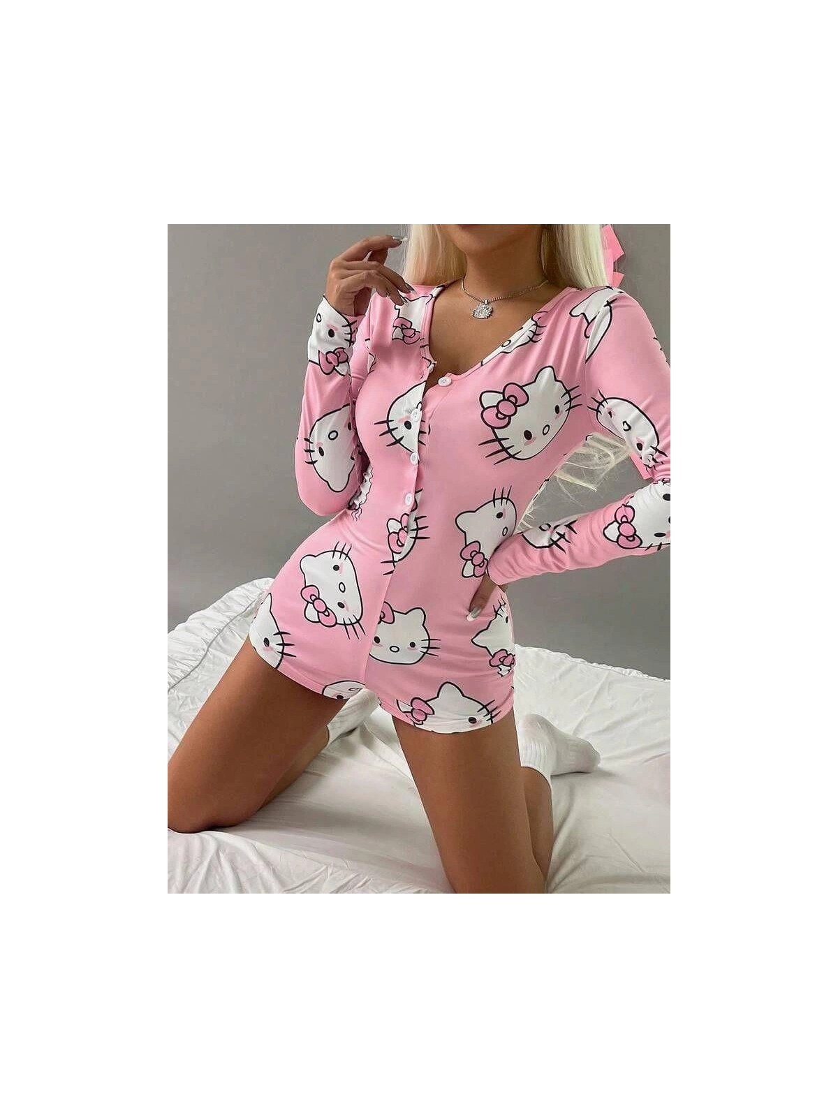 Litae Pamuklu Pembe Hello Kitty Desenli Düğmeli Uzun Kol Tulum Pijama