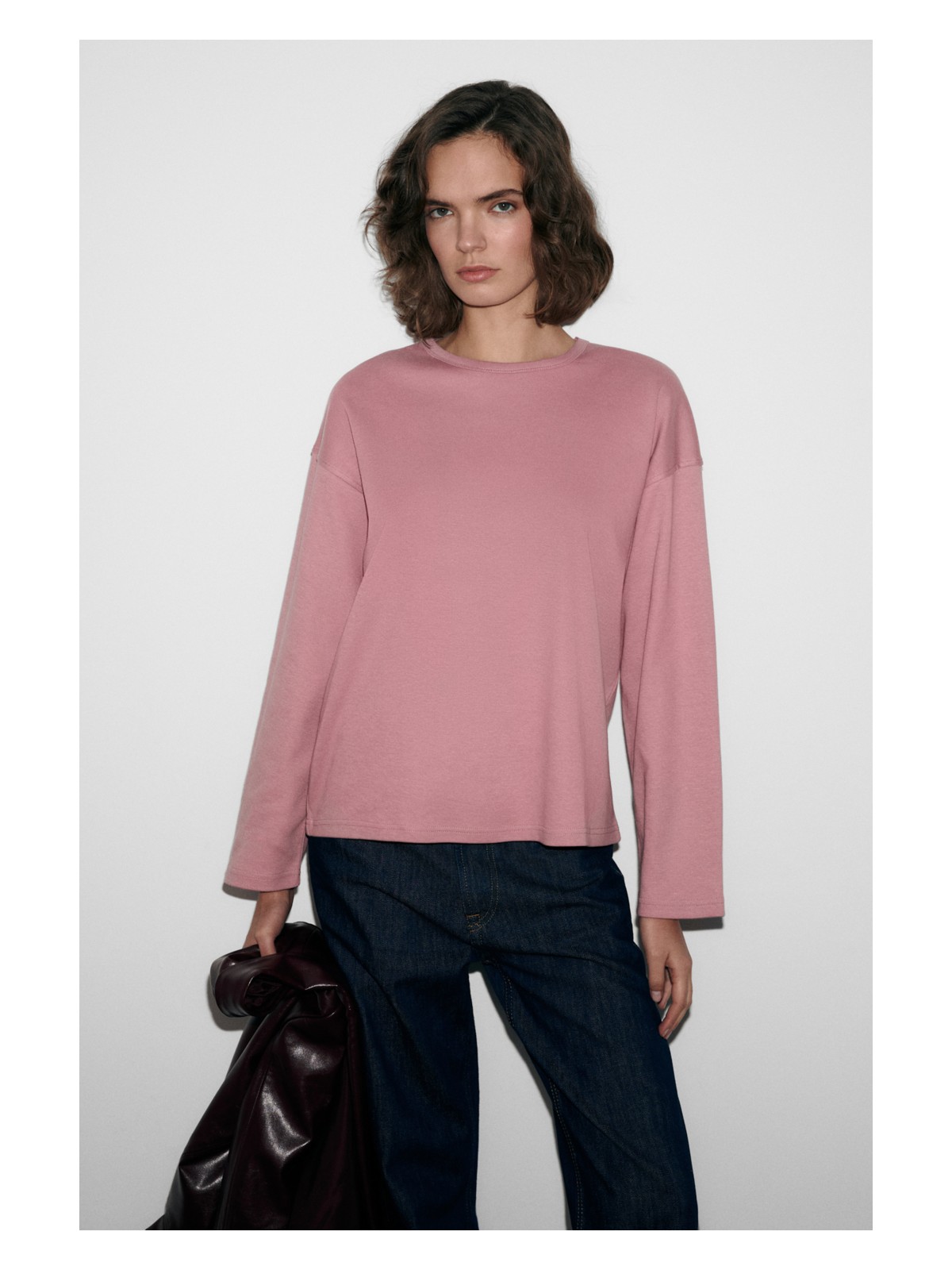 Grimelange Neat Kadın Organik Pamuklu Bisiklet Yaka Oversize Fit Uzun Kollu Kiremit Rengi T-Shirt - Görsel 5