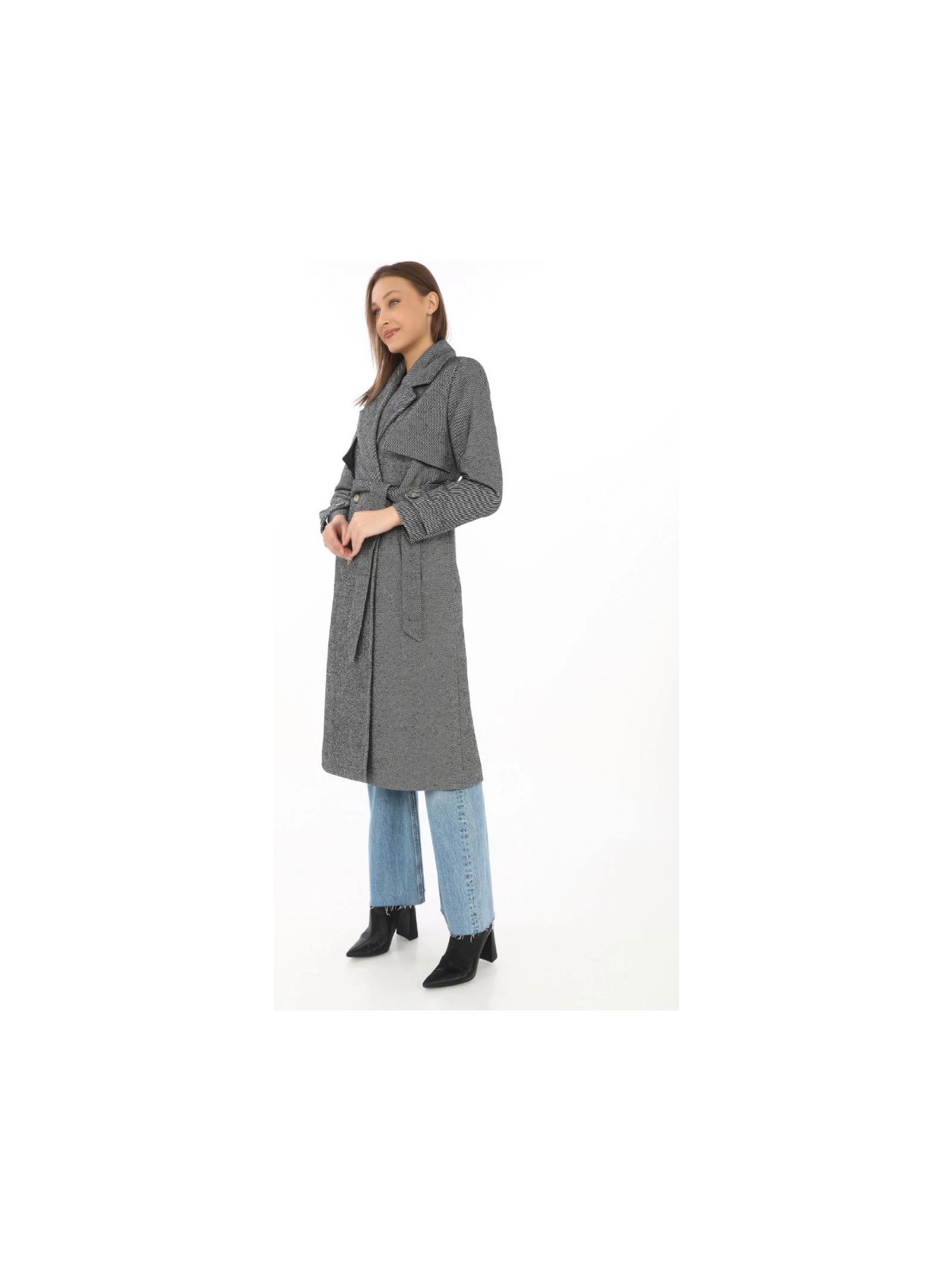 EMH Store Emh Store Uzun Kaşe Kaban – Balık Sırtı Dokuma Kaşmir Kumaş, Kruvaze Yaka, Kuşaklı Cepli Model, Oversize Rahat Kalıp - Boyalı Gri