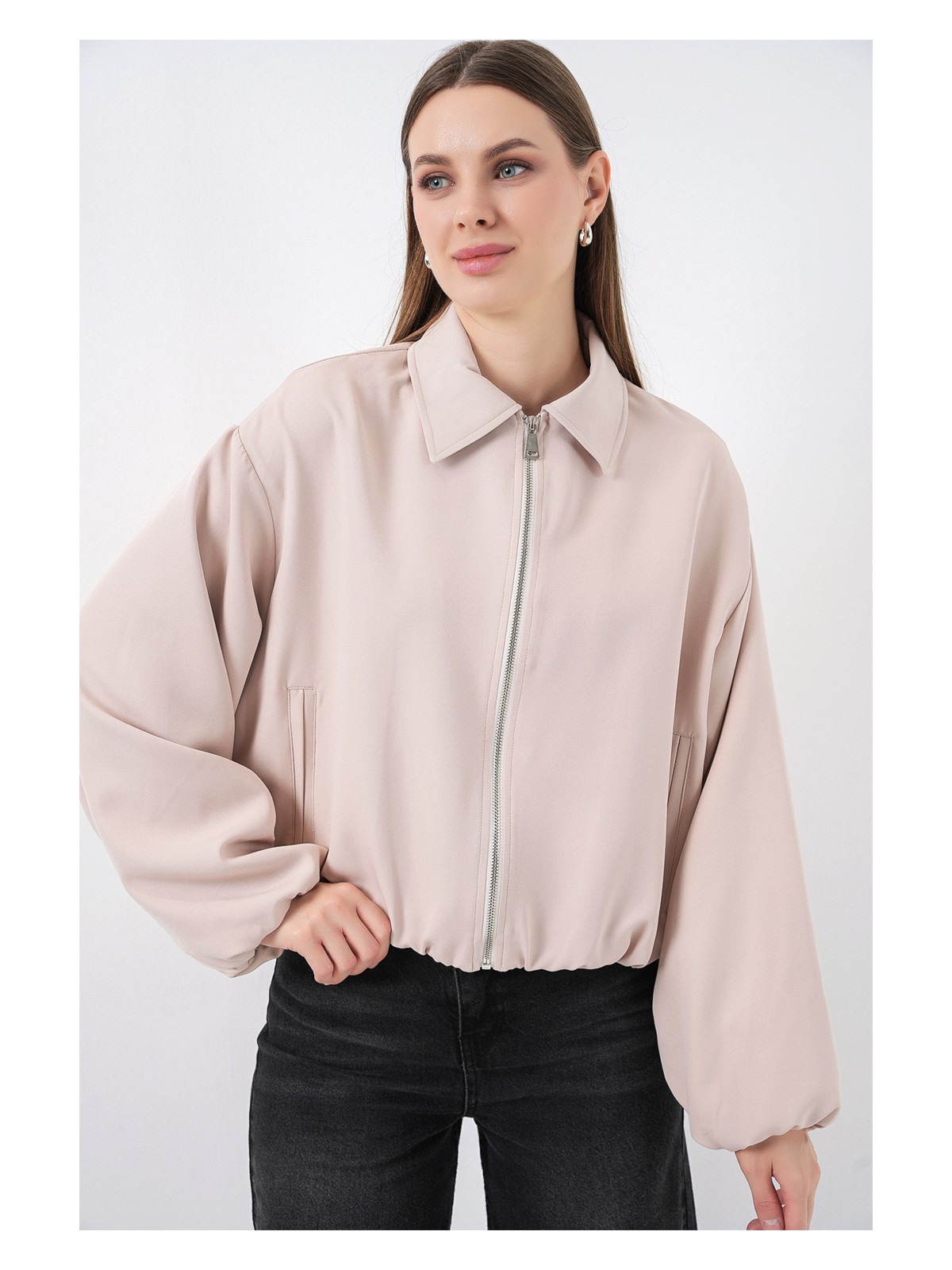 Bigdart Kadın Oversize Fermuarlı Ceket 0735 - Krem