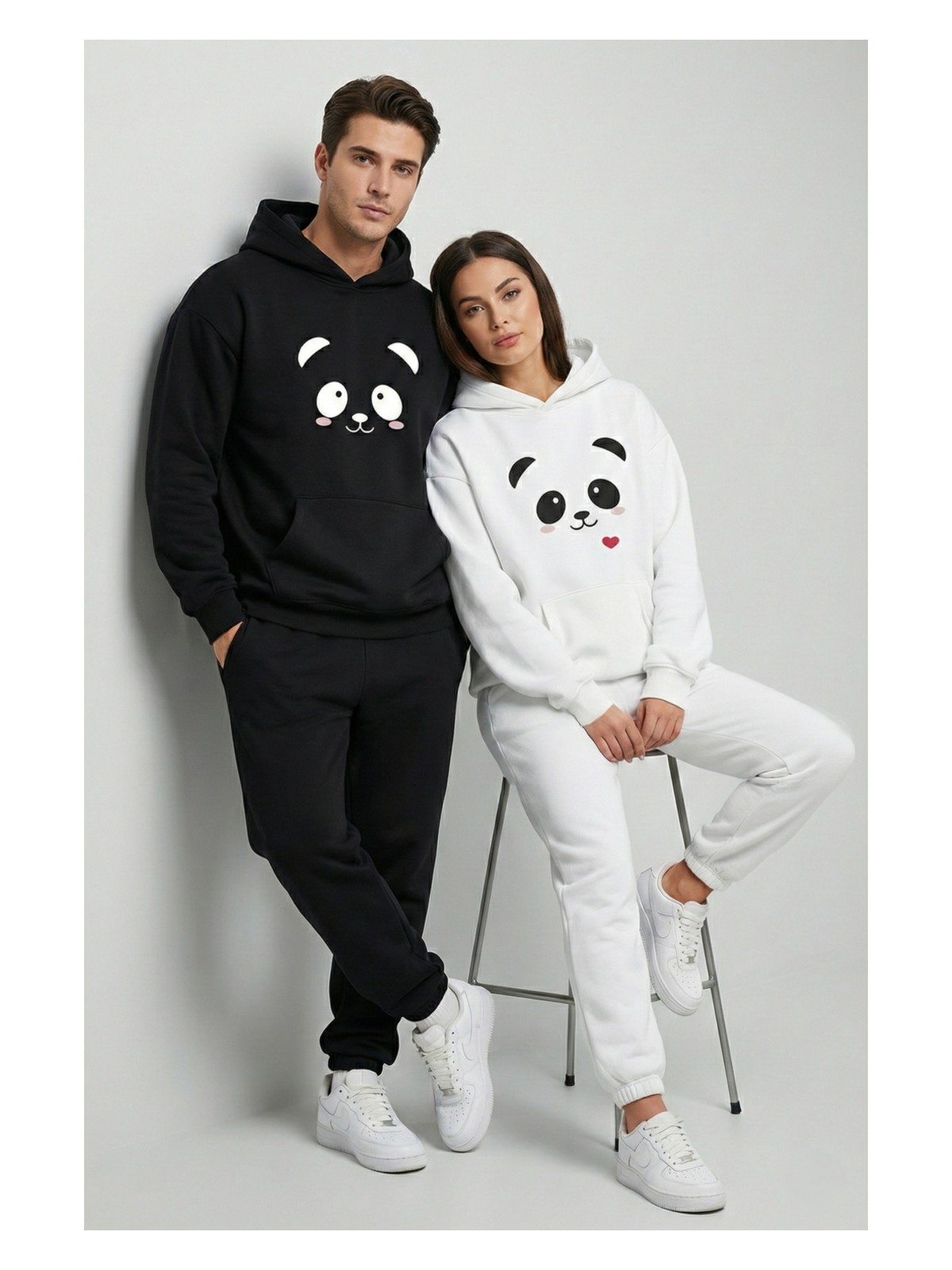 Nevermind Unisex Sevgili Çift Kombini Oversize Panda Baskılı Çift Hoodie - Görsel 5