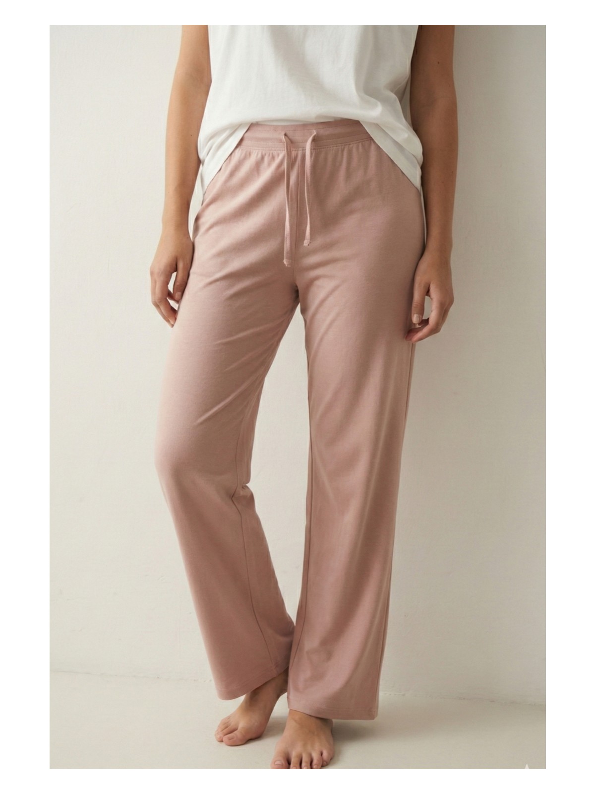 elemge %100 Pamuk Süprem Kadın Pijama Altı Rahat Kalıp Compact Penye Pembe Geniş Paça Ipli Terletmez Alt