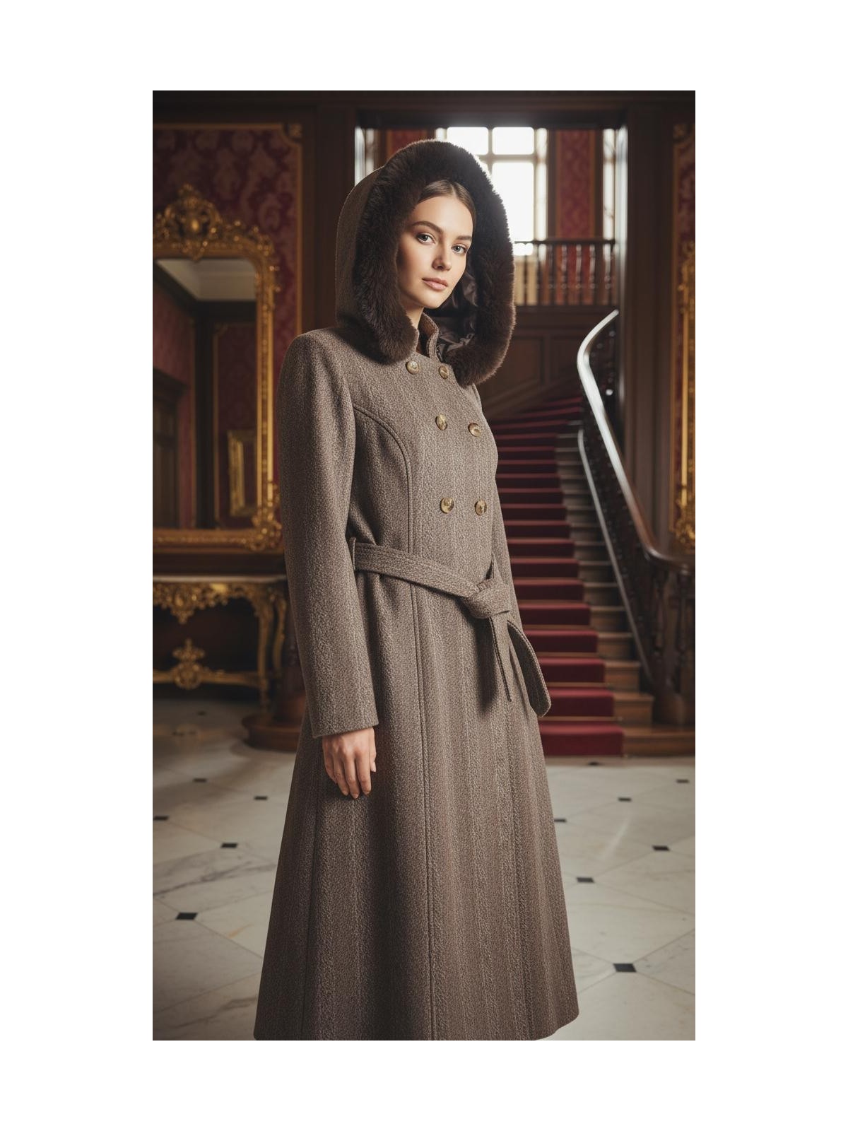 Esin Giyim Kruvaze Kuşaklı Kapüşonlu Orta Boy Kaban - Görsel 3