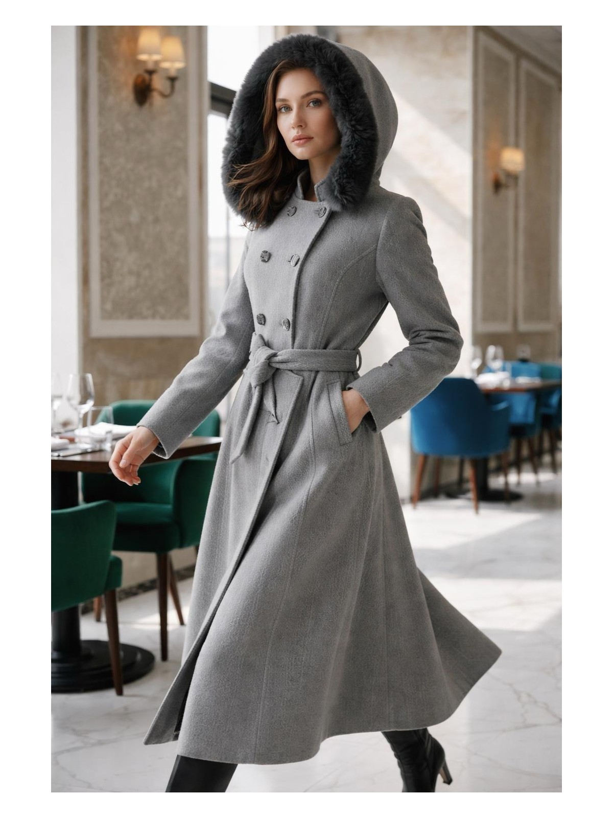 Esin Giyim Kruvaze Kuşaklı Kapüşonlu Orta Boy Kaban - Görsel 4