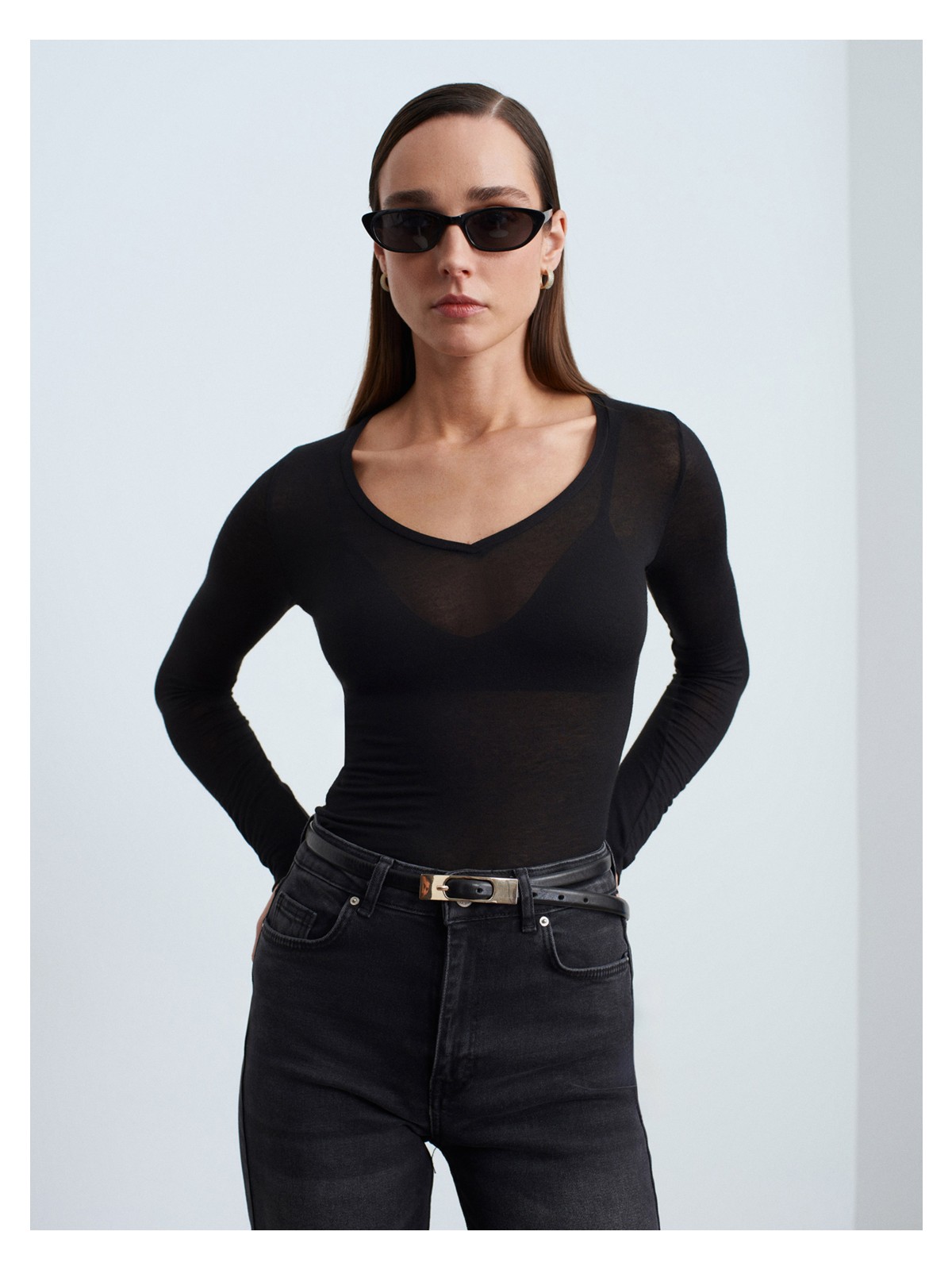 Dilvin 32310 V Yaka Kaşmir Bluz-Lacivert - Görsel 4