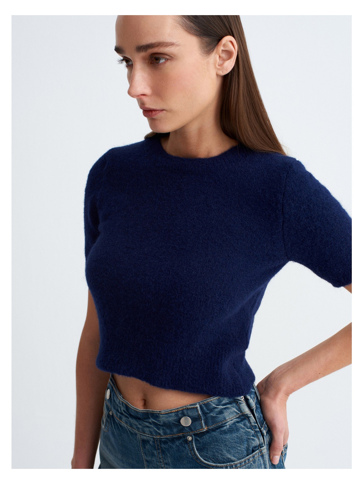 Dilvin 10651 Bisiklet Yaka Yumuşak Dokulu Kısa Kol Triko Kazak-Pembe - Görsel 5