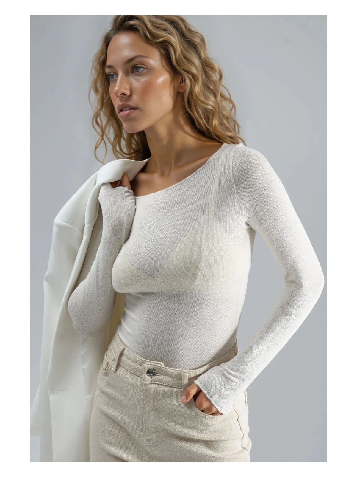 Hiccup Kadın Kayık Yaka Kaşmir Karışımlı Ultra Hafif Bluz Krem Doğal