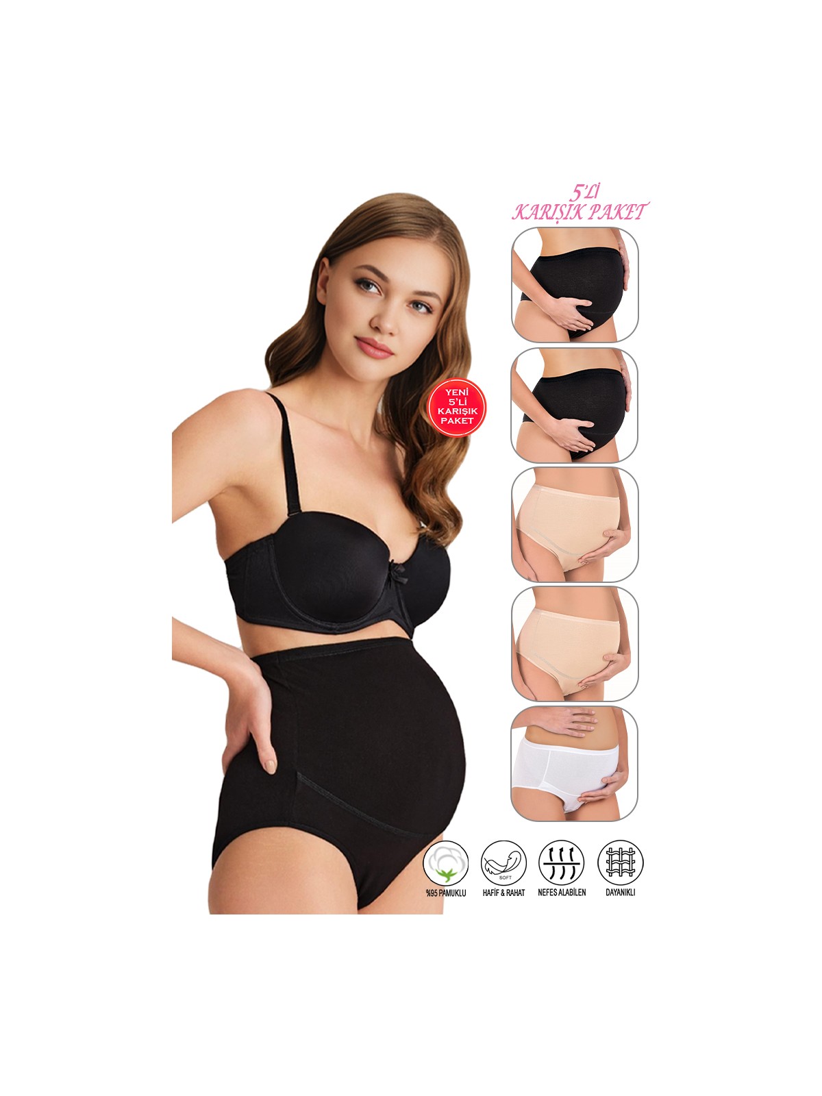 Özkan Underwear Özkan 23582 5'li Paket Kadın 2 Siyah 2 Ten 1 Beyaz Karışık Renk Pamuklu Likralı Süprem Hamile Lohusa Yüksek Bel Bato Külot