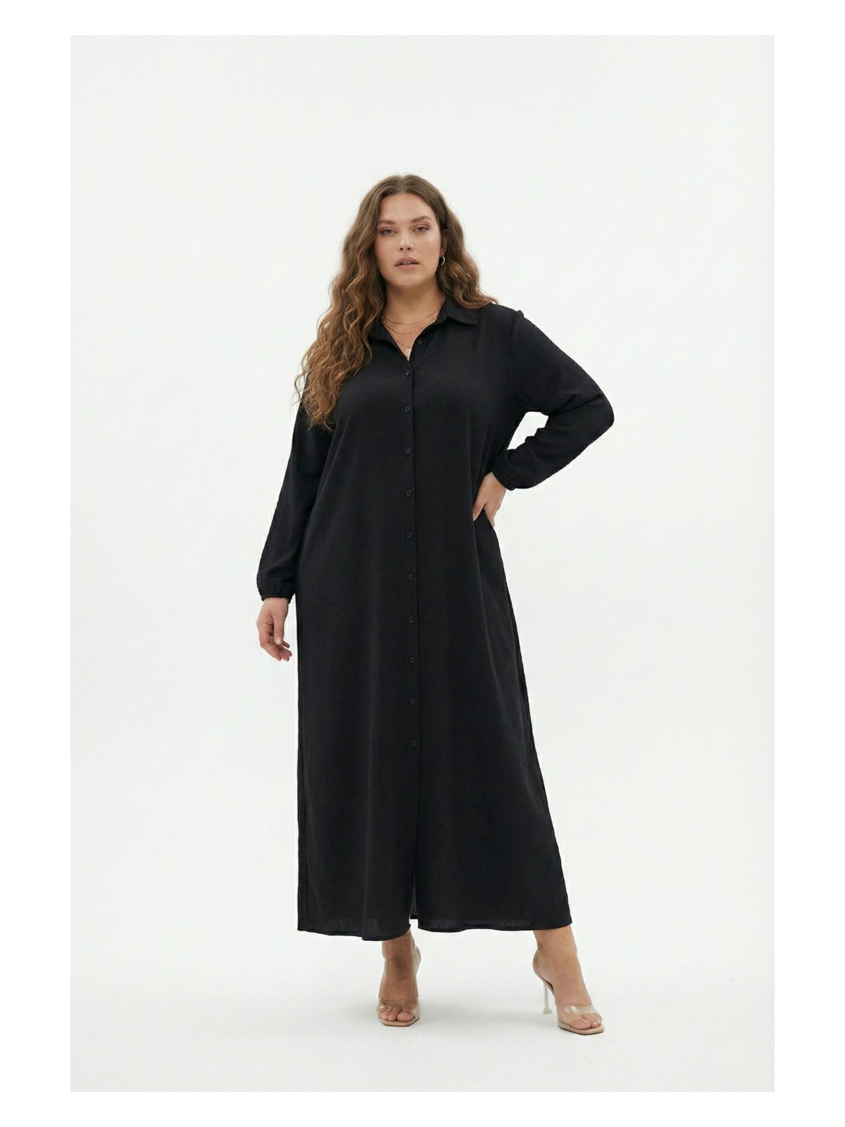 Şuranur Bürümcük Kumaş Gömlek Yaka Boydan Düğmeli Uzun Elbise Tesettüre Uygun