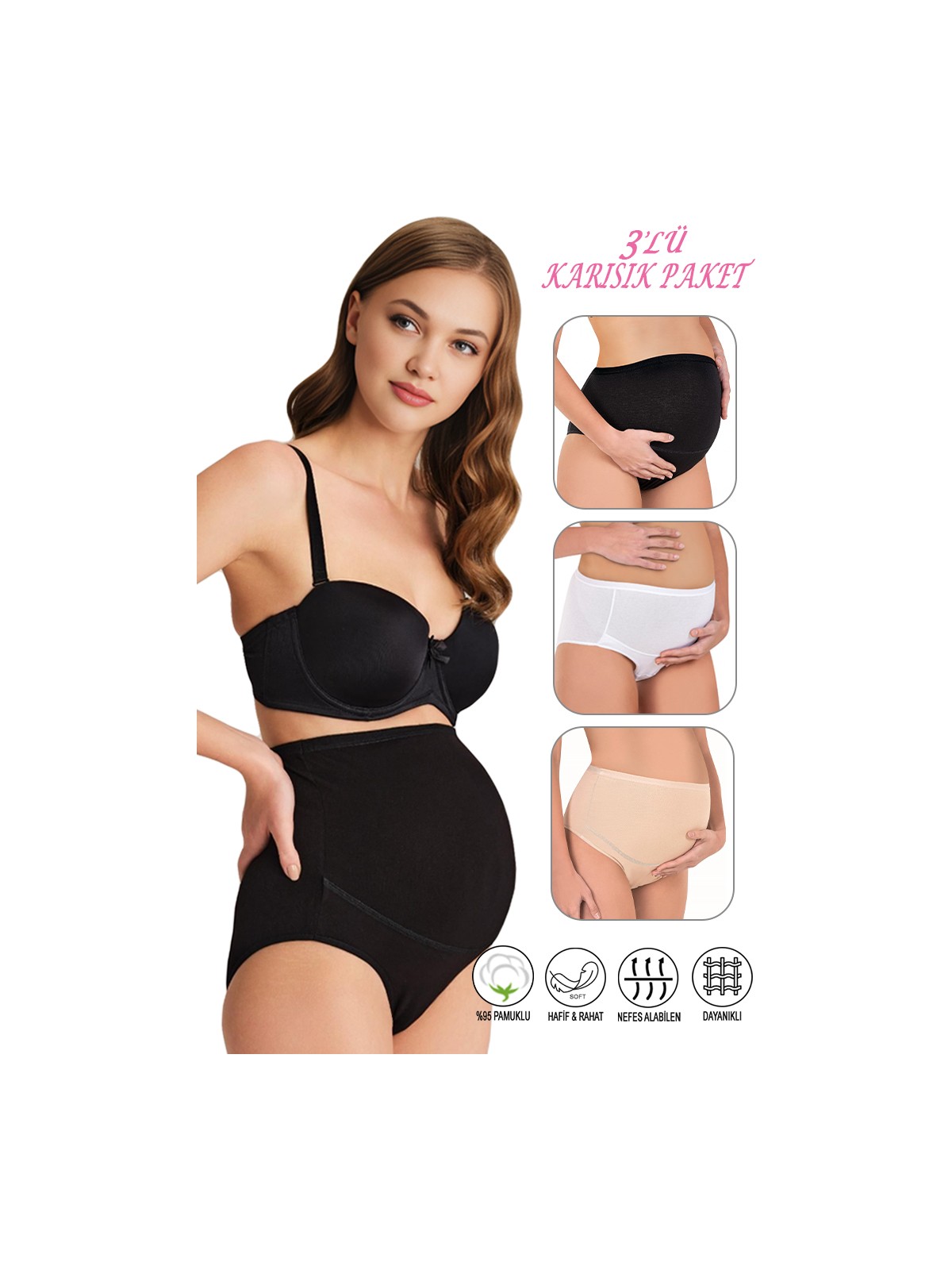 Özkan Underwear Özkan 23582 3'lü Paket Kadın Siyah Renk Pamuklu Likralı Süprem Hamile Lohusa Yüksek Bel Bato Külot - Görsel 6