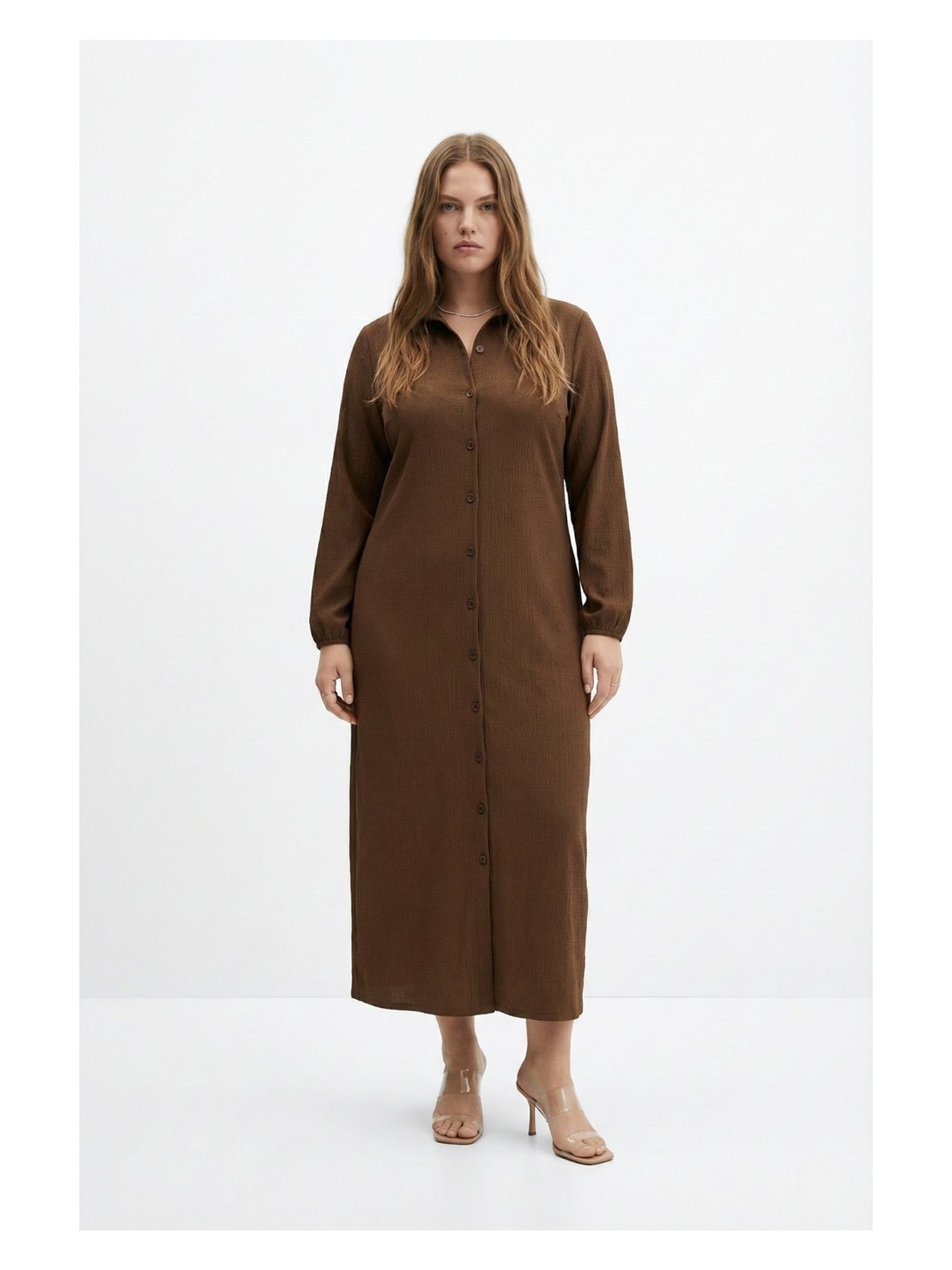 Şuranur Bürümcük Kumaş Gömlek Yaka Boydan Düğmeli Uzun Elbise Tesettüre Uygun - Görsel 3