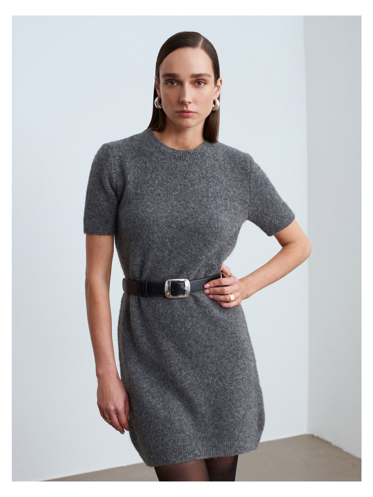 Dilvin 90257 Bisiklet Yaka Yün Karışımlı Triko Elbise-K.füme M.