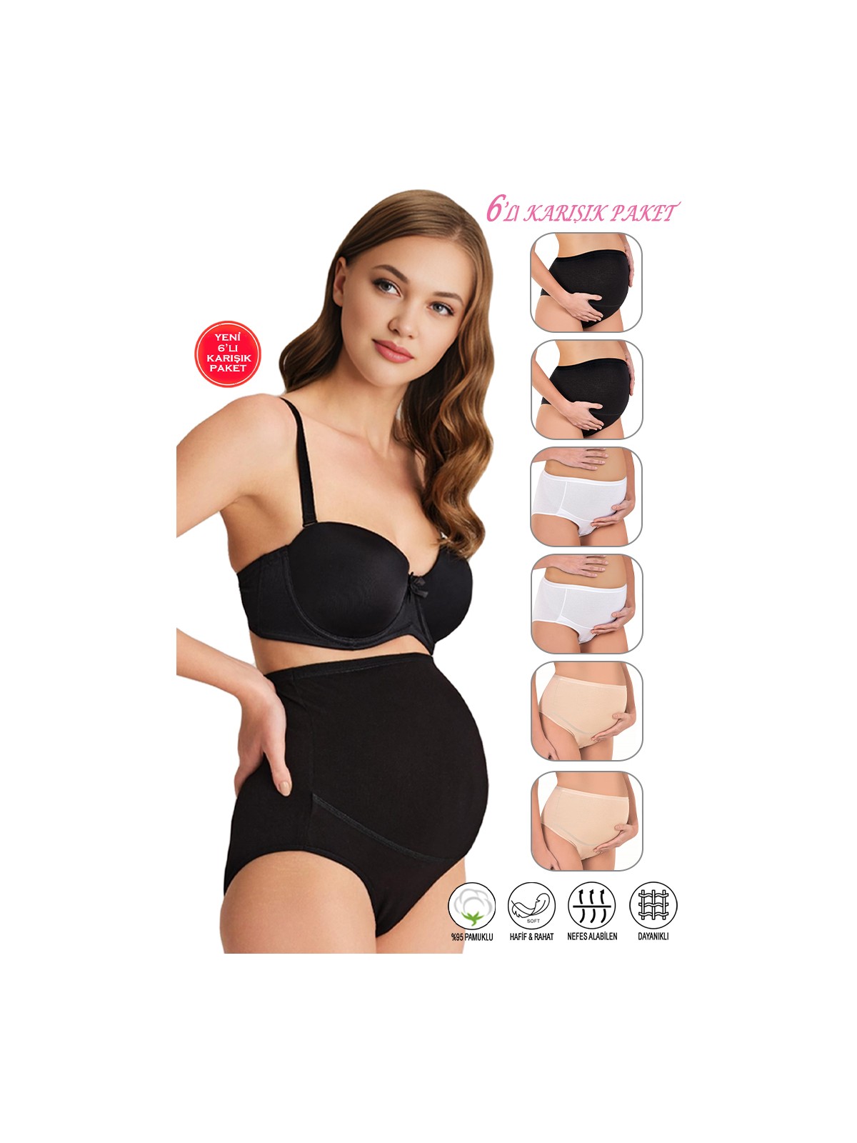 Özkan Underwear Özkan 23582 6'lı Paket Kadın 2 Siyah 2 Beyaz 2 Ten Karışık Renk Pamuklu Likralı Süprem Hamile Lohusa Yüksek Bel Bato Külot