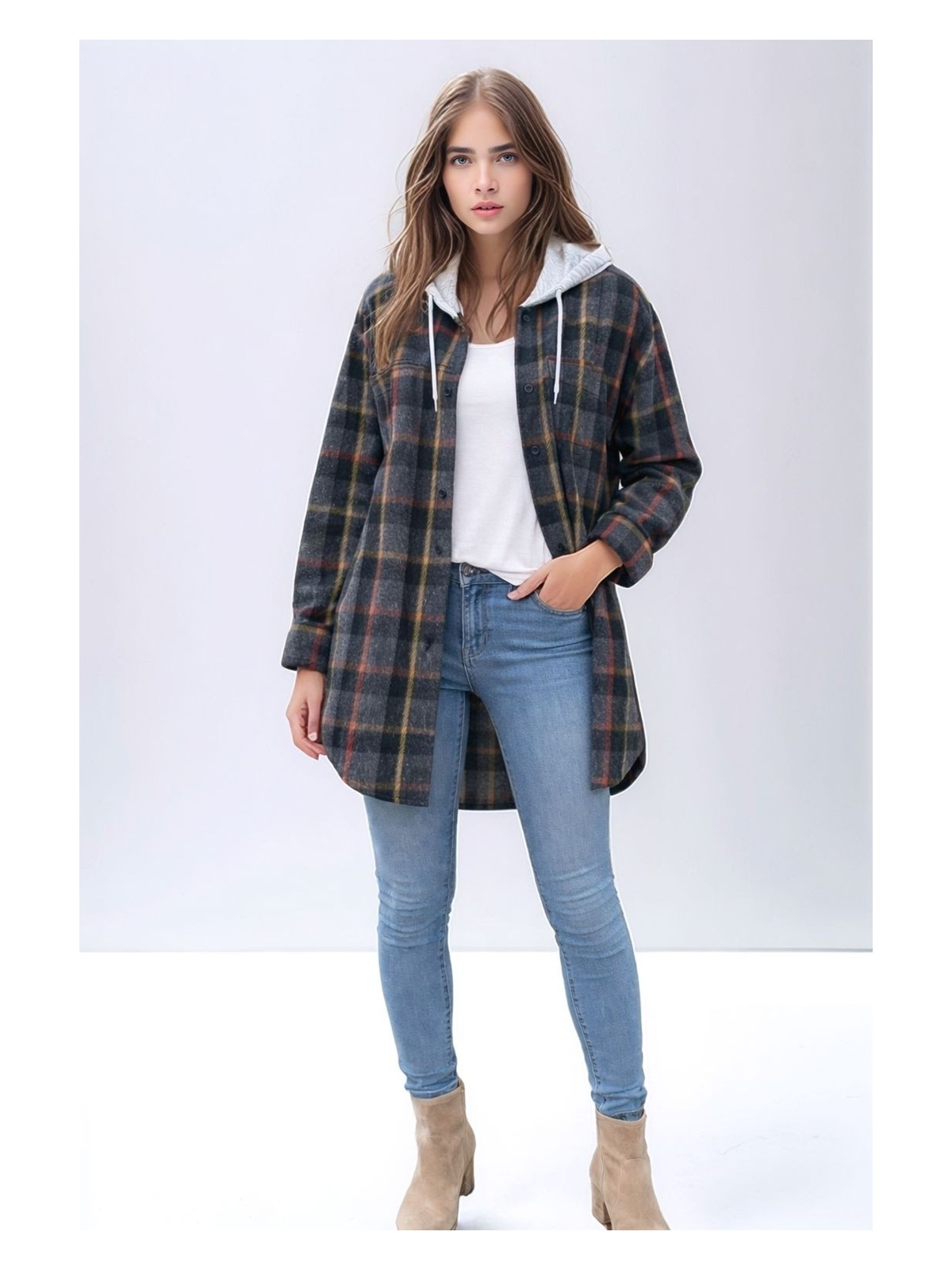 Mamayaga Kadın Desen Bloklu Oduncu Oversize Geniş Kalıp Casual Cepli Kapüşonlu Uzun Boy Ceket Gömlek