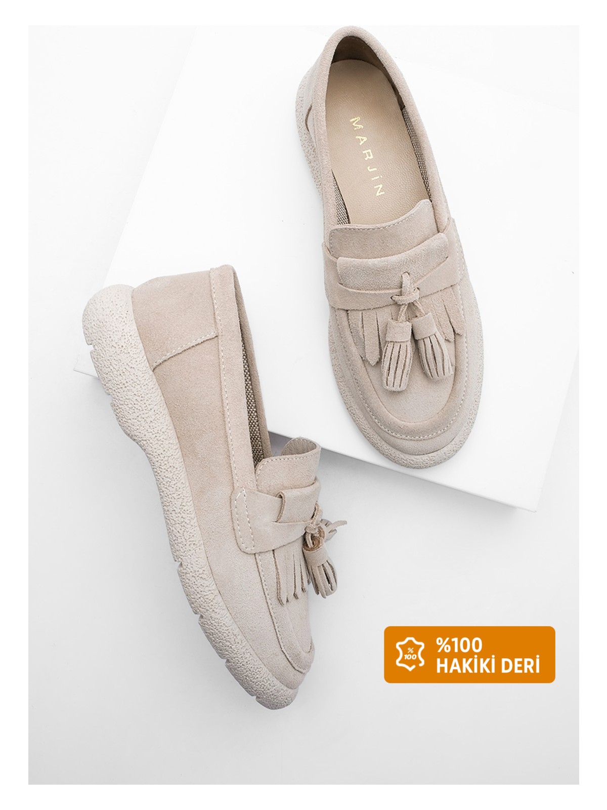Marjin Kadın Hakiki Deri Loafer Günlük Ayakkabı Suma Taba Süet - Görsel 4