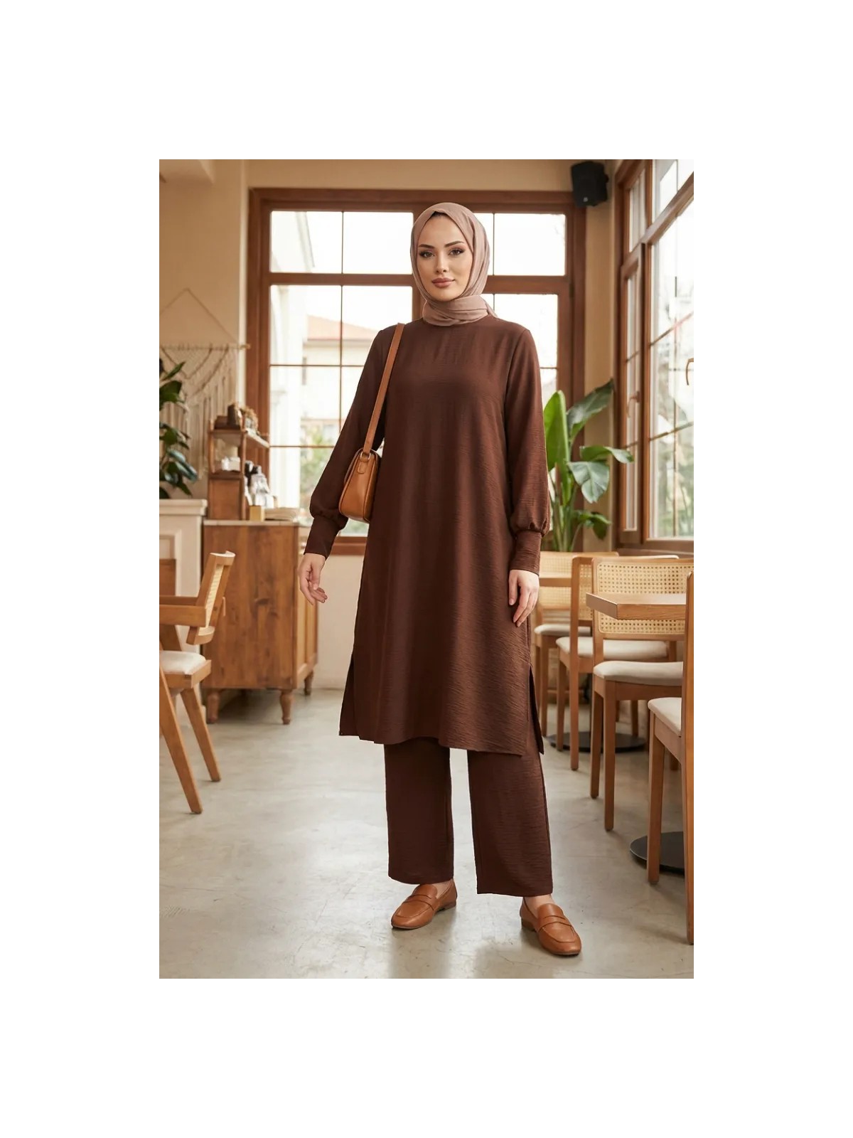 Aerobin Kumaş Tunik Pantolon Ikili Takım 4144-02 Kahverengi