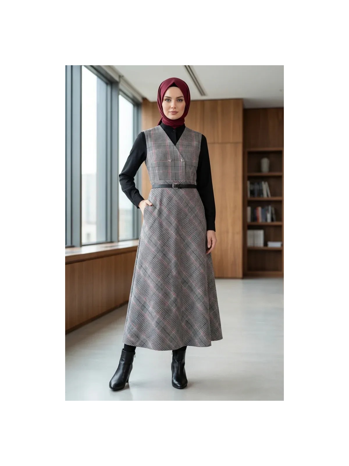 Ekose Desenli Kemerli Jile Elbise 2223-01 Gri