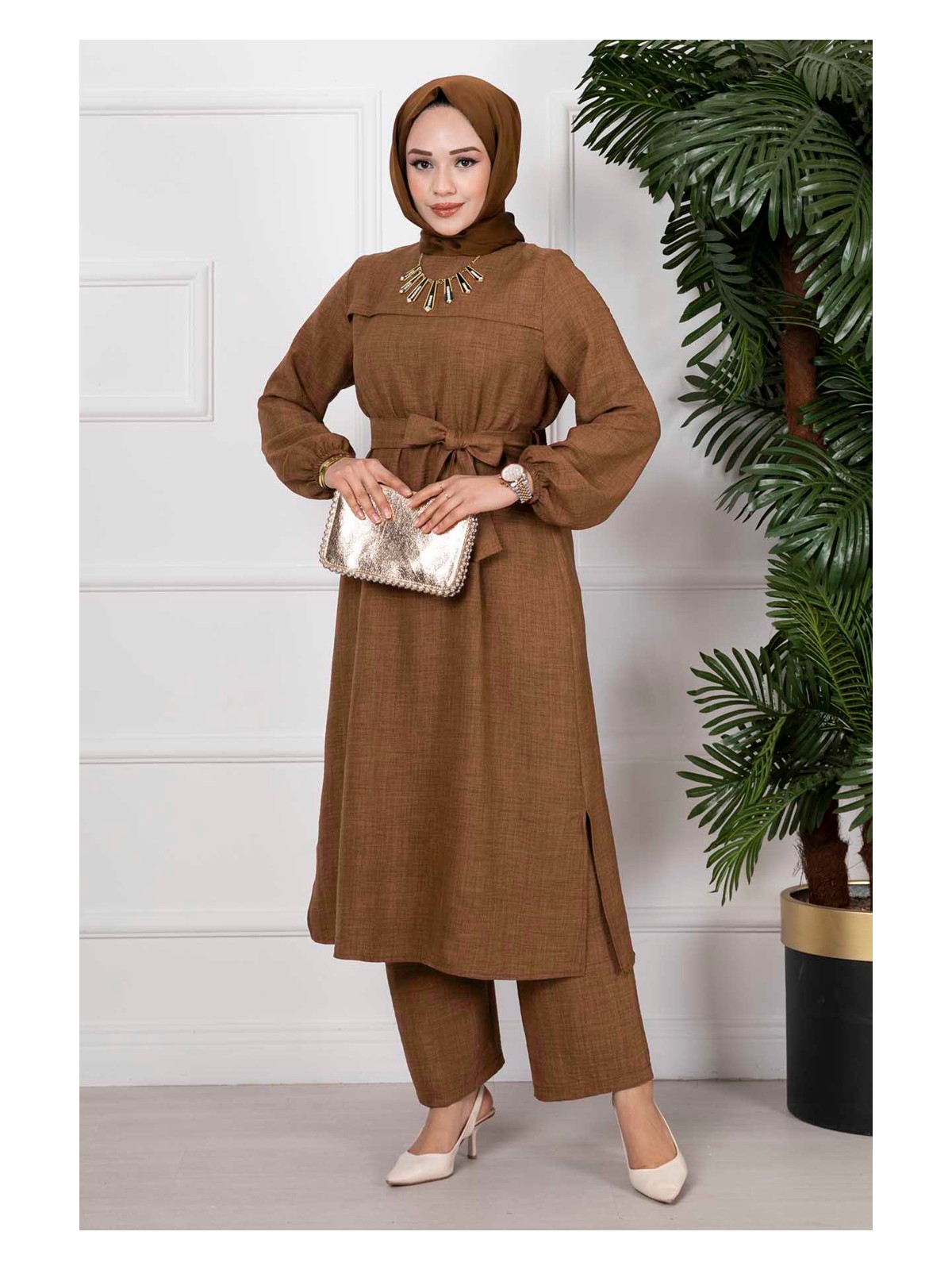 Md Yanları Yırtmaçlı İkili Tesettür Takım Tütün