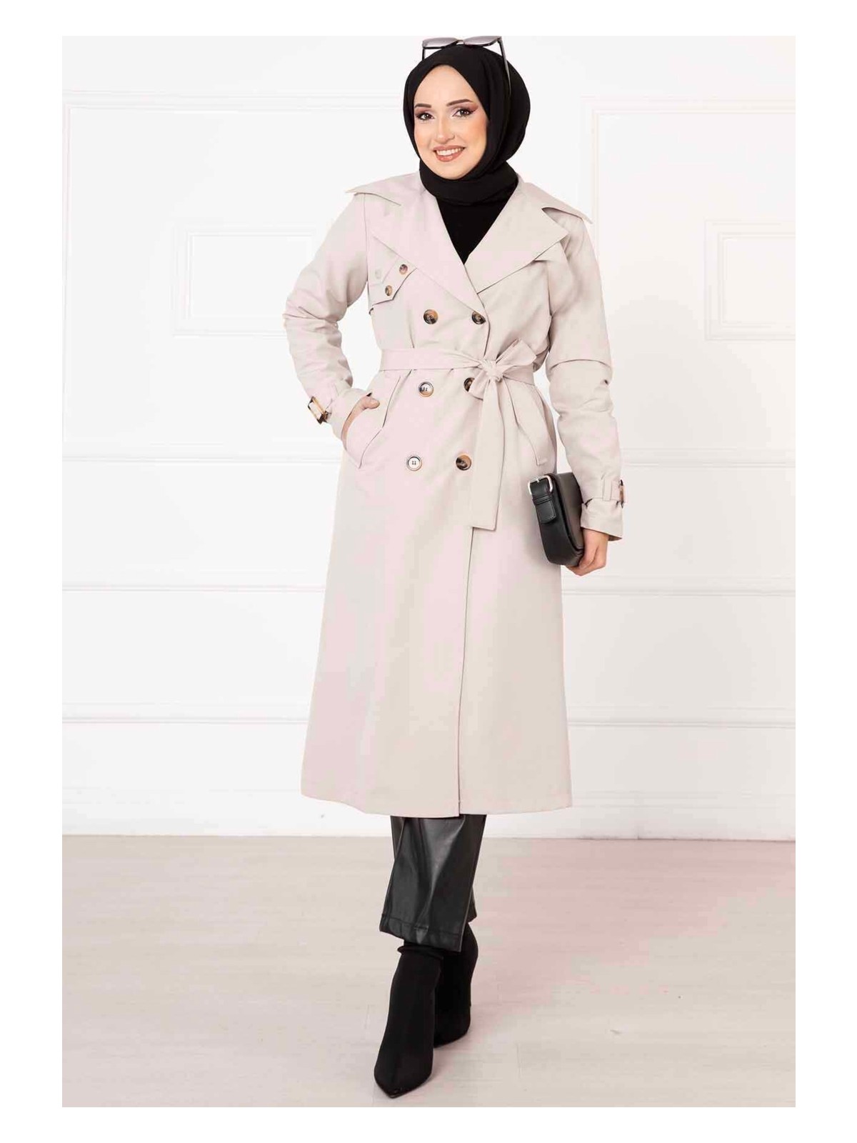 OC Rahat Kalıp Kruvaze Düğme Detaylı Kolları Ayarlanan Trençkot Taş