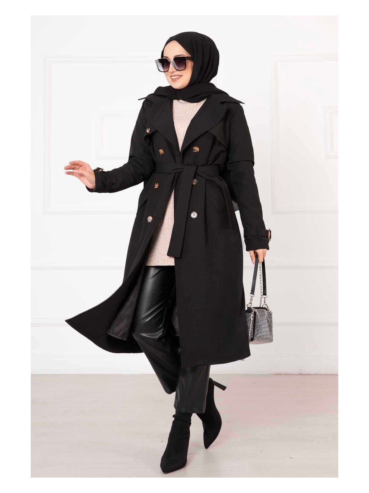 OC Rahat Kalıp Kruvaze Düğme Detaylı Kolları Ayarlanan Trençkot Siyah