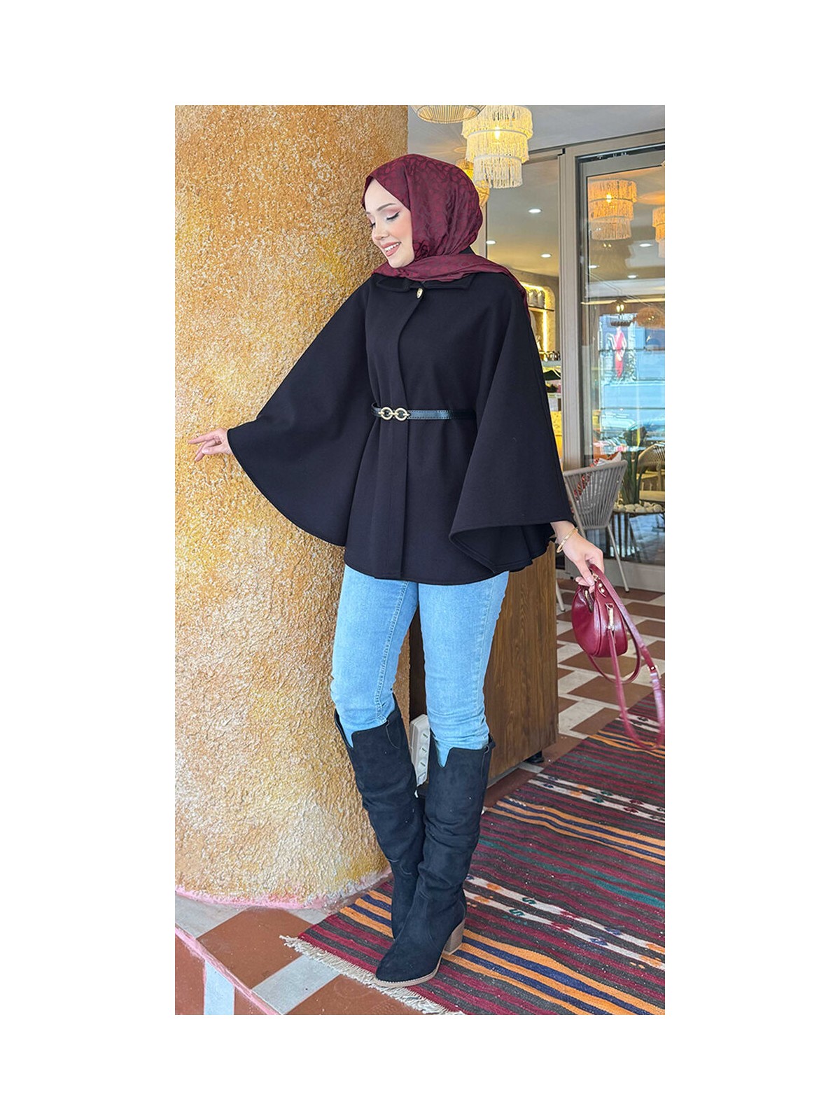 Md Seyyar Kemerli Düğme Detaylı Tesettür Kaşe Panço Siyah