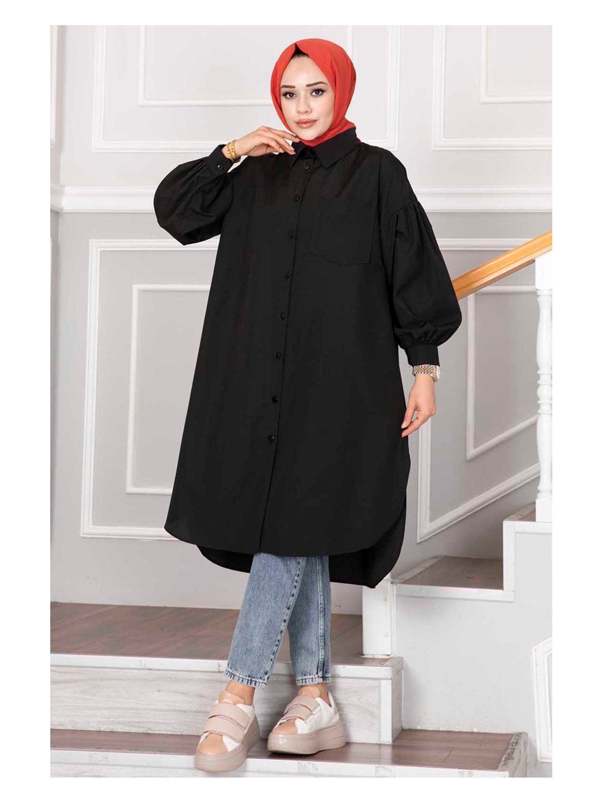 Md Oval Kesim Tesettür Gömlek Tunik Siyah