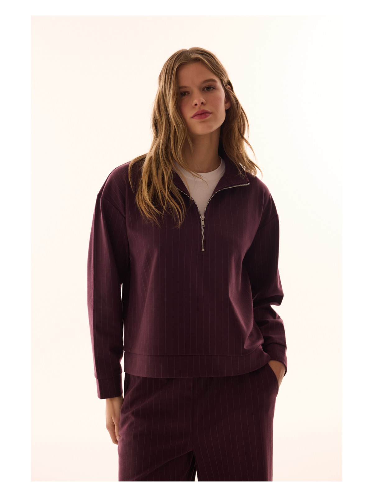 Penti Bordo Fermuarlı Çizgili Sweatshirt