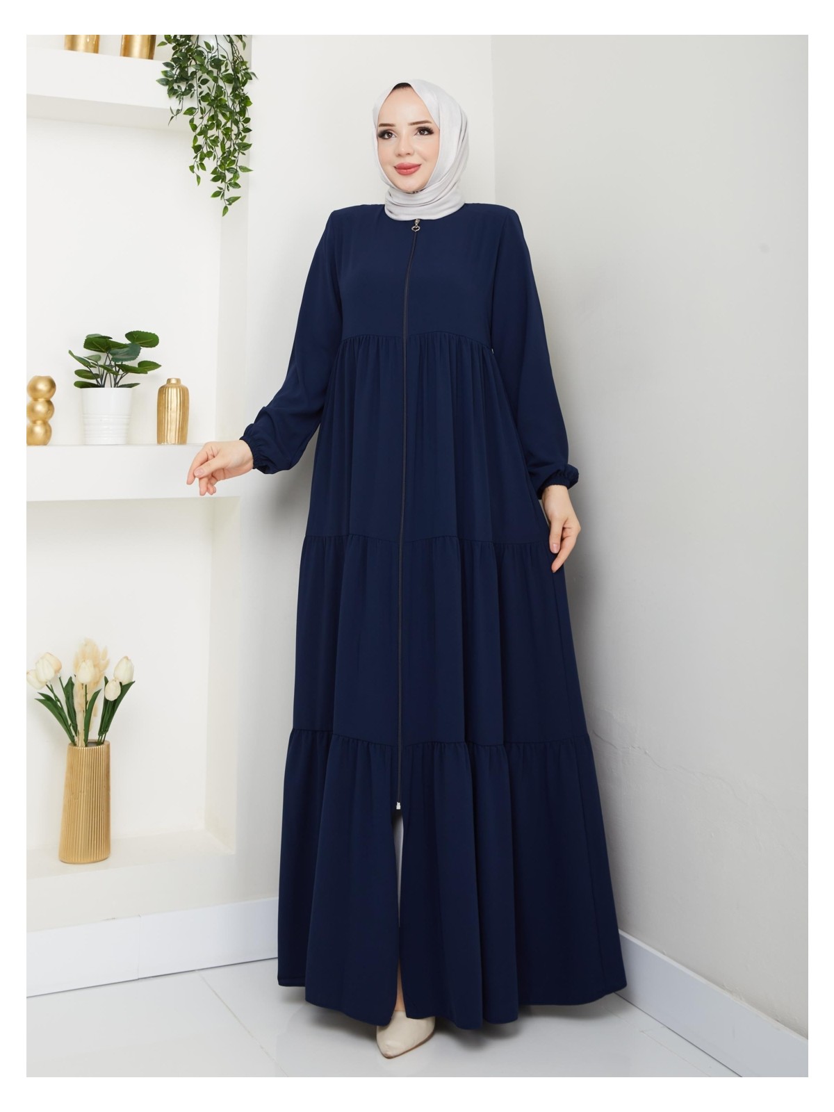 Eslemnur Üç Katlı Büzgü Detaylı Medine Ipeği Ferace - Görsel 9