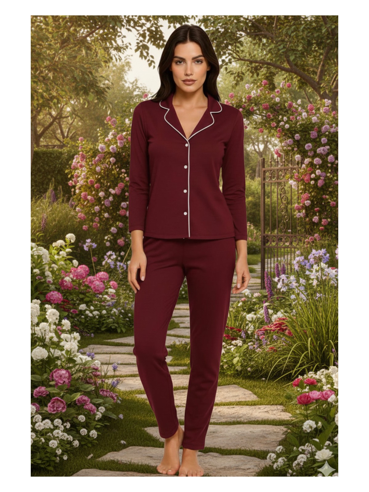 Kompedan Kadın Pamuklu Süprem Önden Düğmeli Biyeli Pijama Takımı | Bordo 127