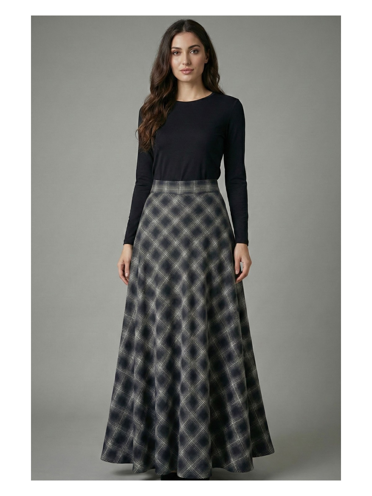 Şiir Manua Kadın Ekose Desen Volanlı Kloş Evaze Etek & Tesettür Etek - Siyah - Görsel 3