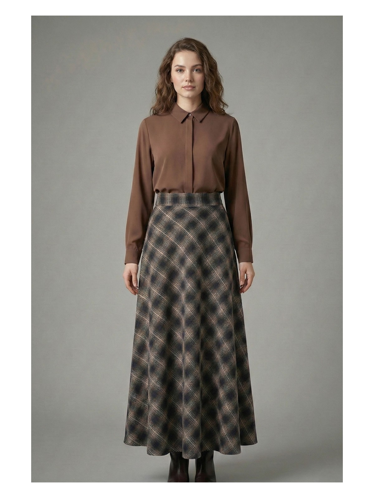 Şiir Manua Kadın Ekose Desen Volanlı Kloş Evaze Etek & Tesettür Etek - Haki - Görsel 5