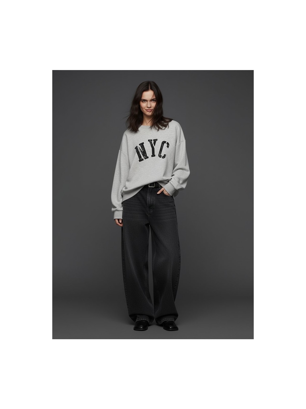 LTB Uzun Kollu Sıfır Yaka Slogan Baskılı Gri Sweatshırt