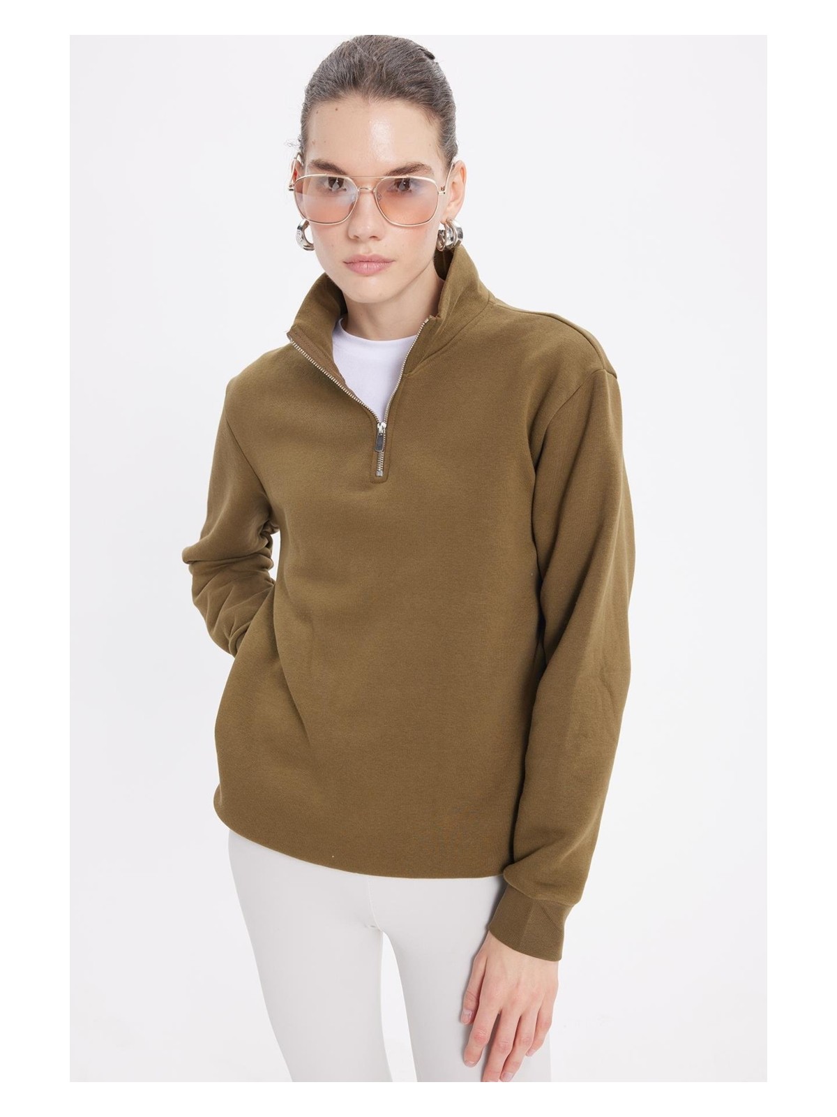 Tudors Kadın Relax Fit Rahat Kesim Pamuklu Içi Polarlı Yarım Fermuarlı Yeşil Dik Yaka Sweatshirt