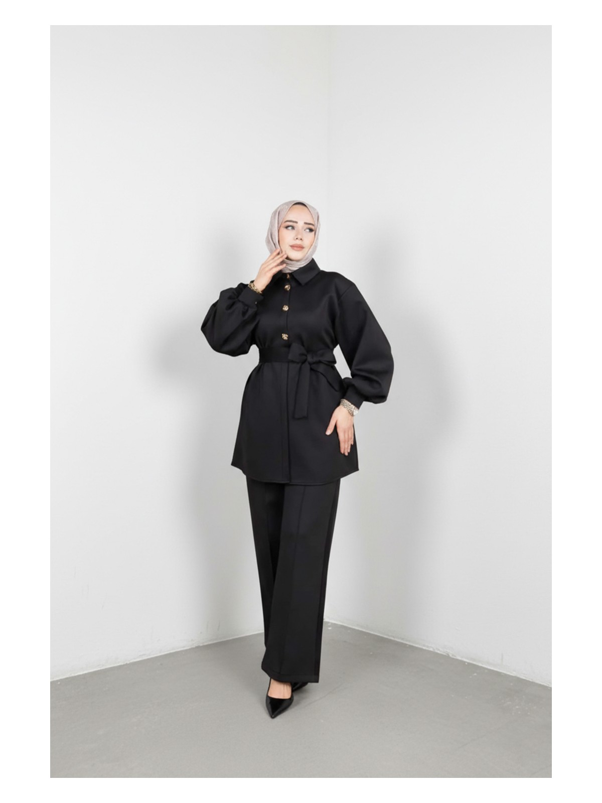 Weak Blue Şık Tesettür Tunik Pantolon Takım – Kuşaklı Düğmeli Uzun Kollu Ikili Takım - Görsel 3