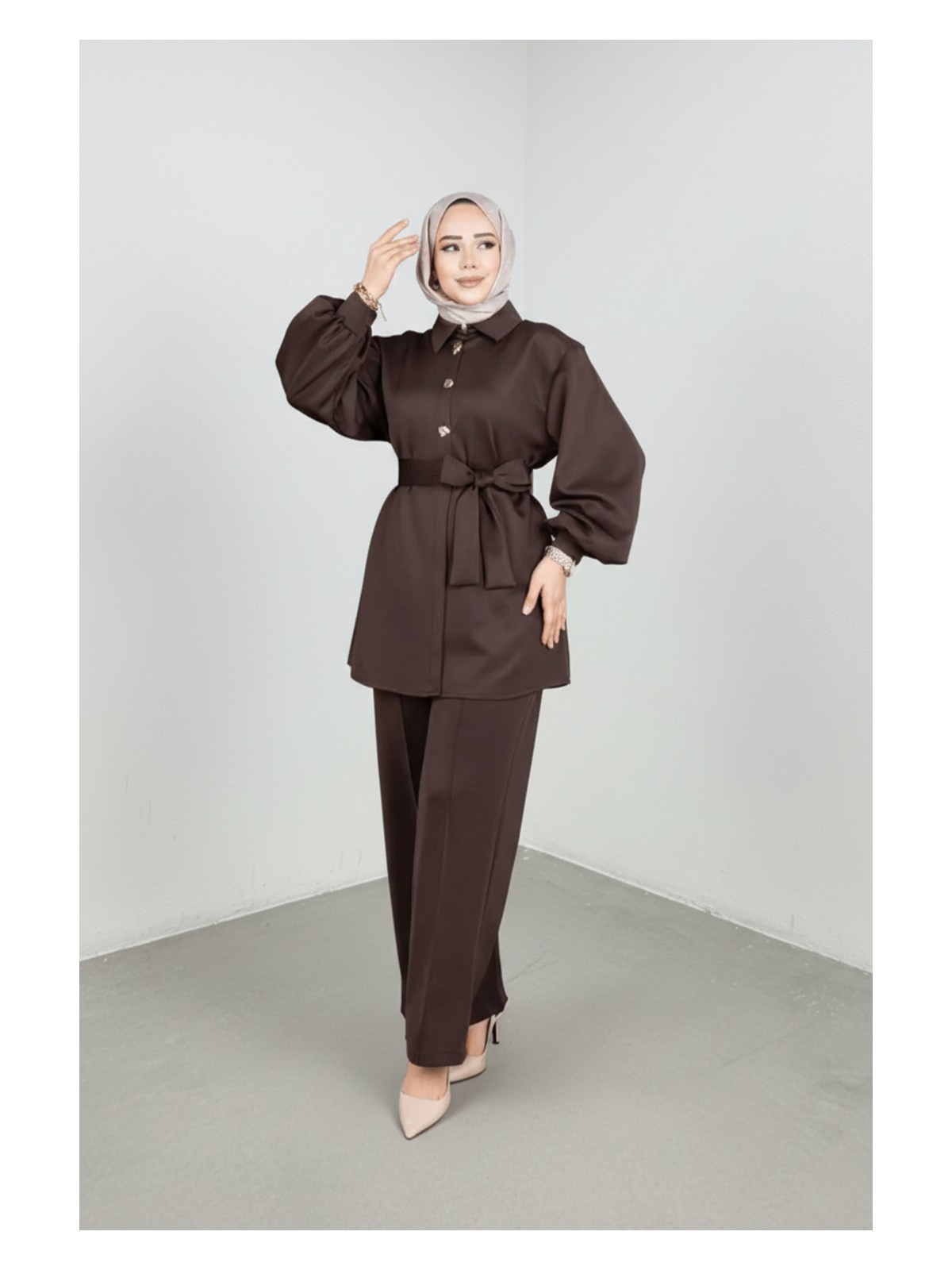 Weak Blue Şık Tesettür Tunik Pantolon Takım – Kuşaklı Düğmeli Uzun Kollu Ikili Takım - Görsel 4