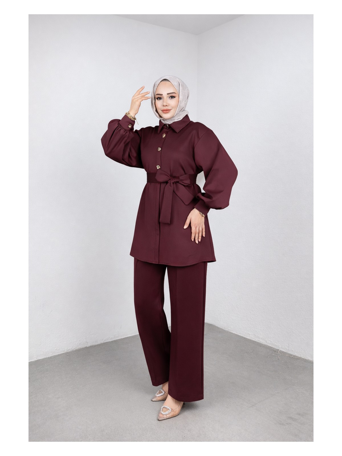 Weak Blue Şık Tesettür Tunik Pantolon Takım – Kuşaklı Düğmeli Uzun Kollu Ikili Takım