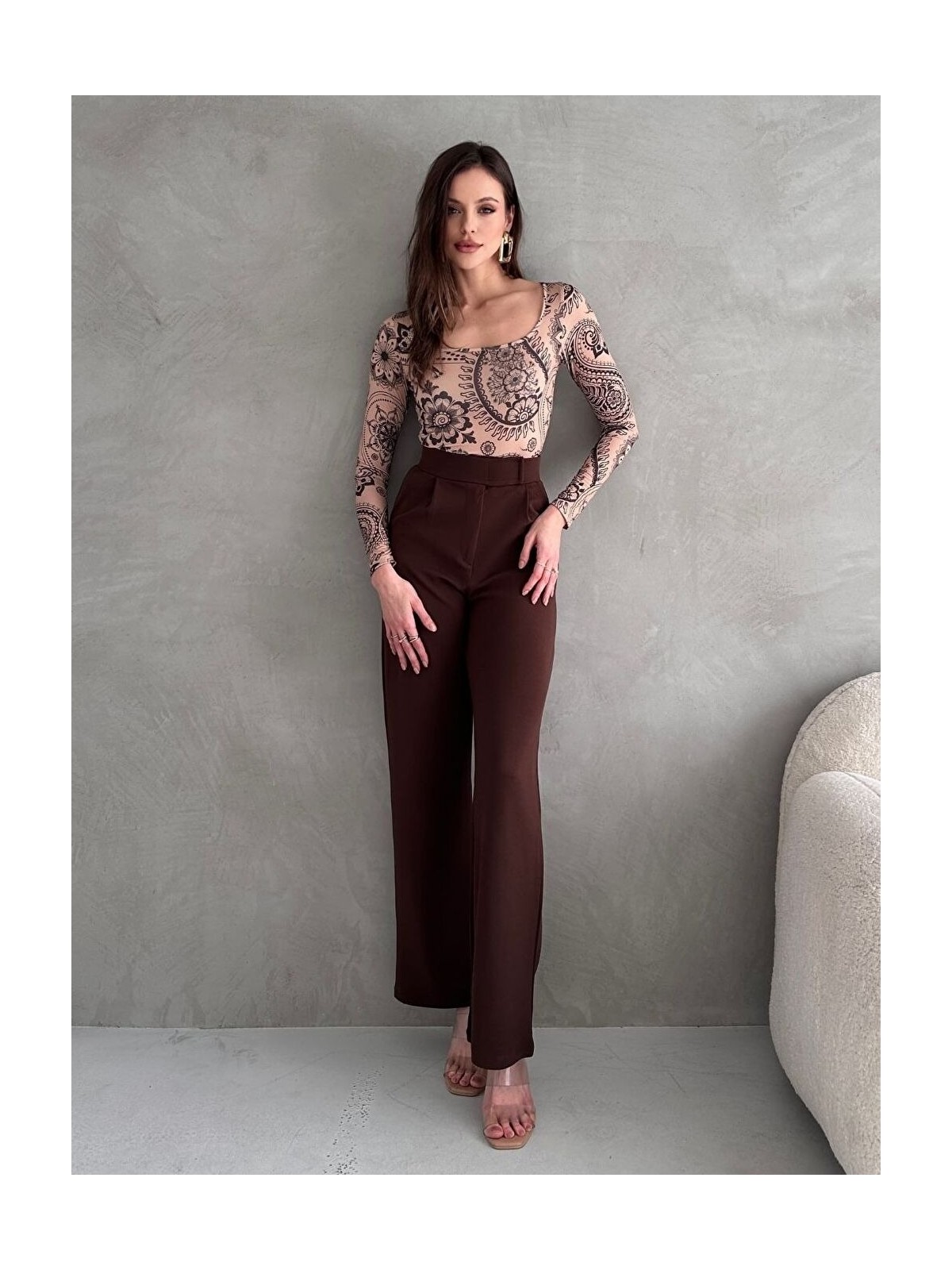 Trendseninle Kadın Kahverengi Likralı Cırt Kapama Palazzo Pantolon