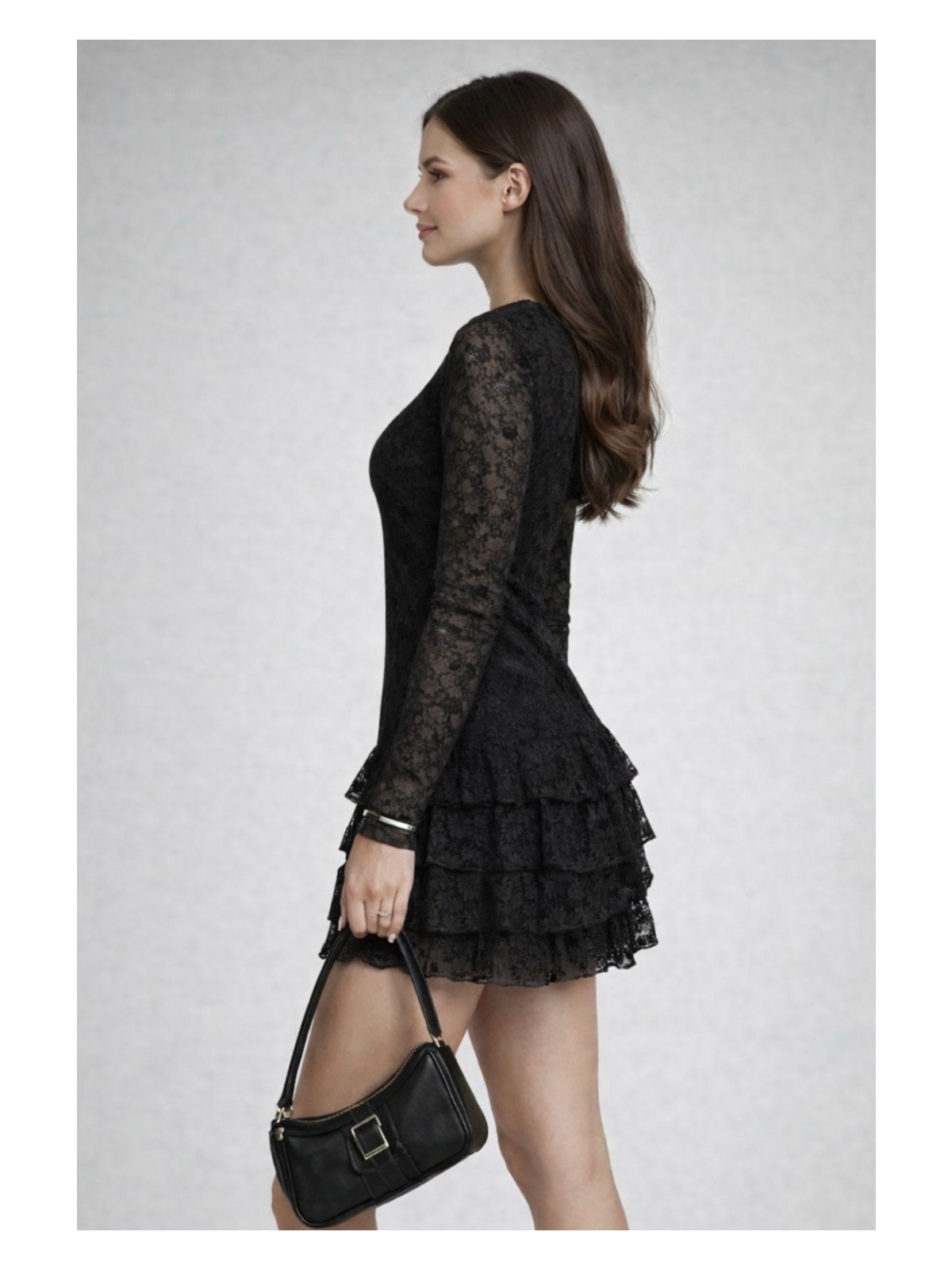 Shebara Kahverengi Dantel Elbise Katlı Etek Detaylı Astarlı Esnek Rahat - Görsel 5