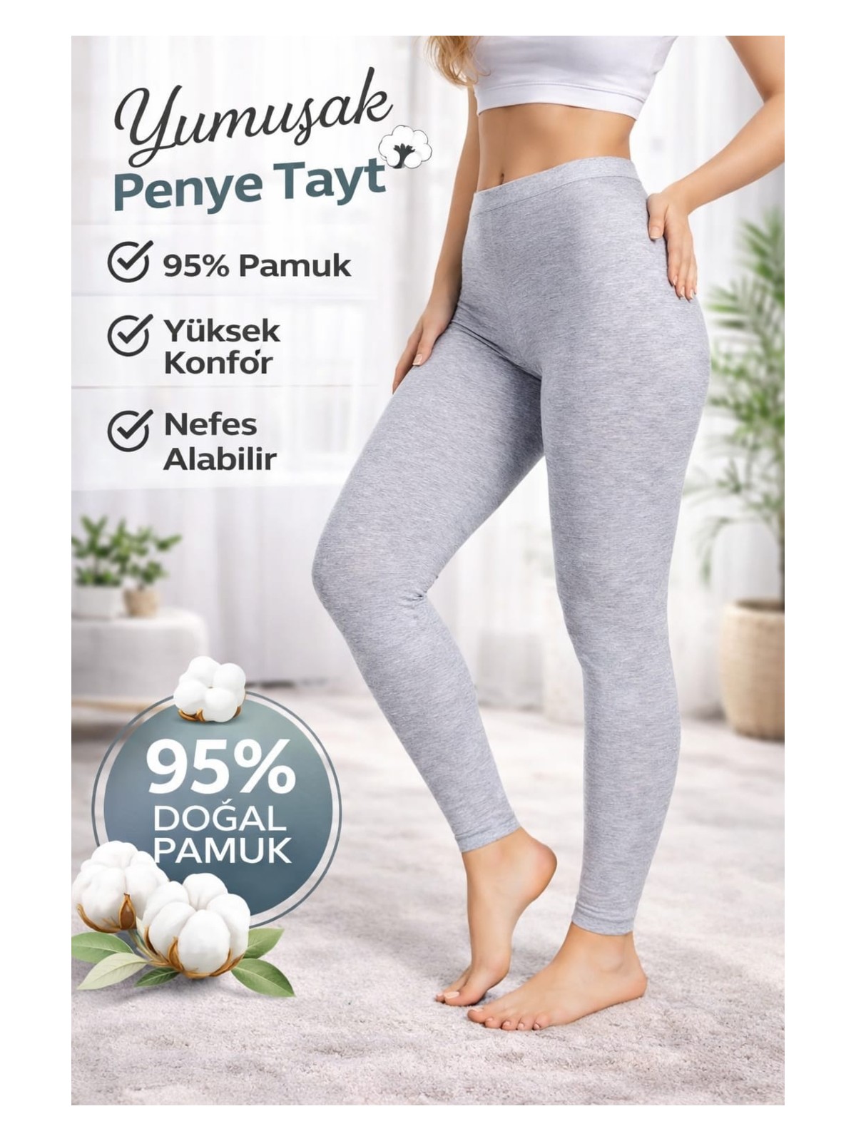 Medament Rahat Kalıp Yüksek Bel Ağlı Gri Penye Tayt