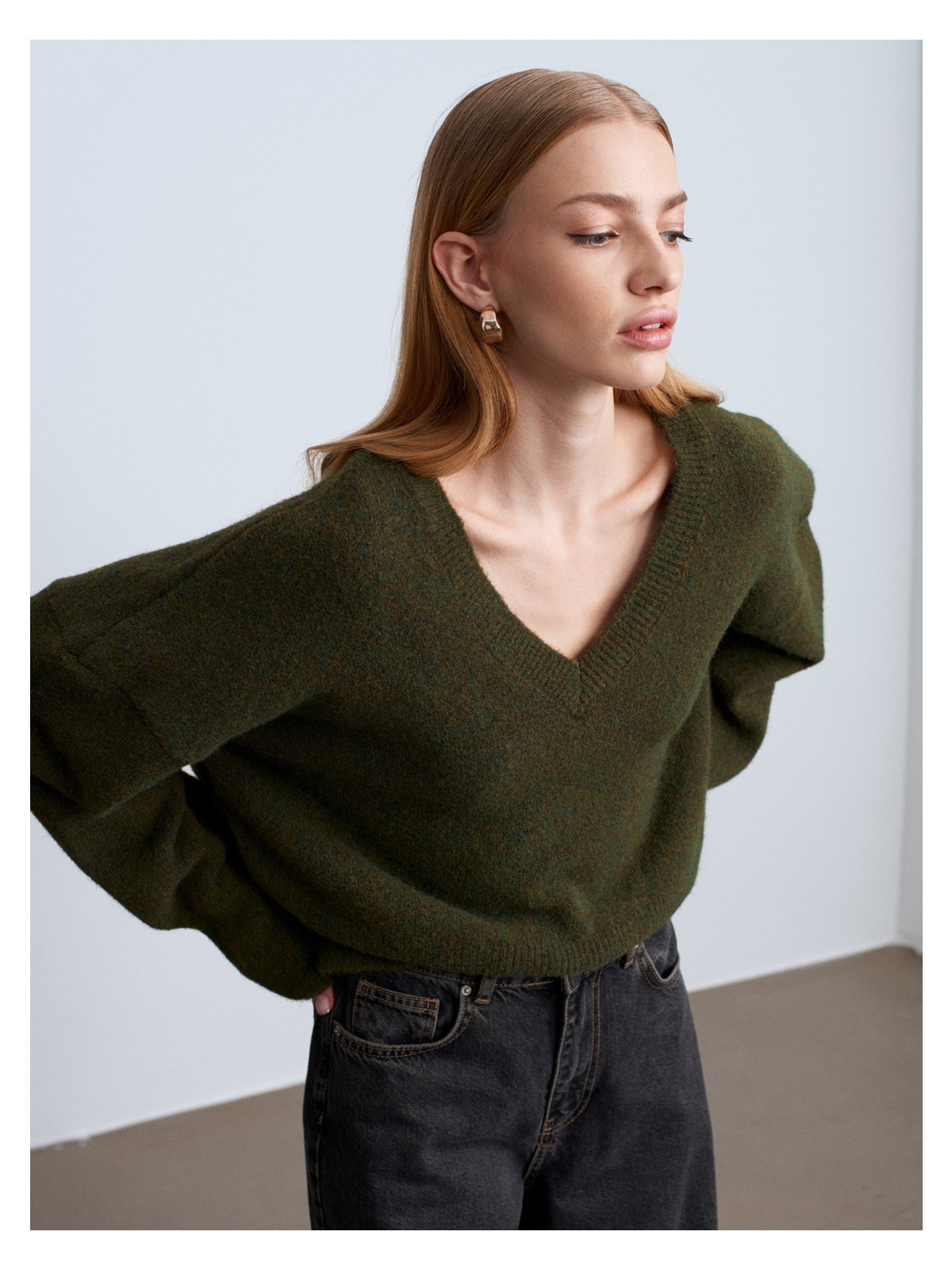 Dilvin 10645 V Yaka Yün Karışımlı Kazak-Haki M.