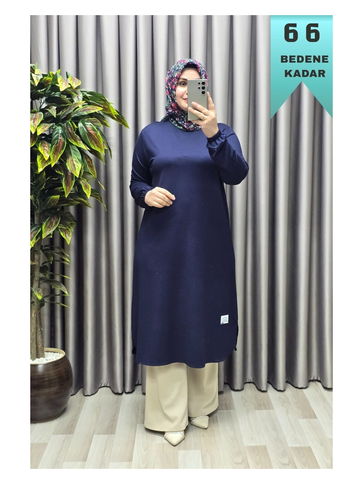 Elmas Tesettür Kadın Giyim Büyük Beden Yırtmaçlı Kolu Lastikli Spor Tek Renk Tunik - Görsel 3