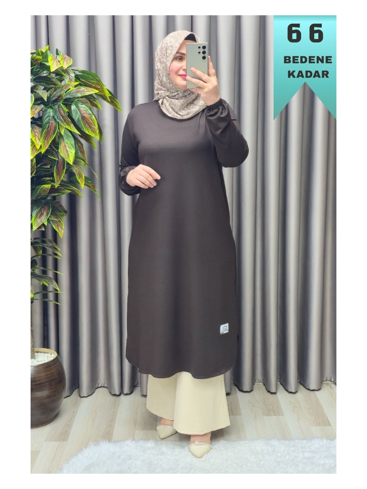 Elmas Tesettür Kadın Giyim Büyük Beden Yırtmaçlı Kolu Lastikli Spor Tek Renk Tunik - Görsel 6